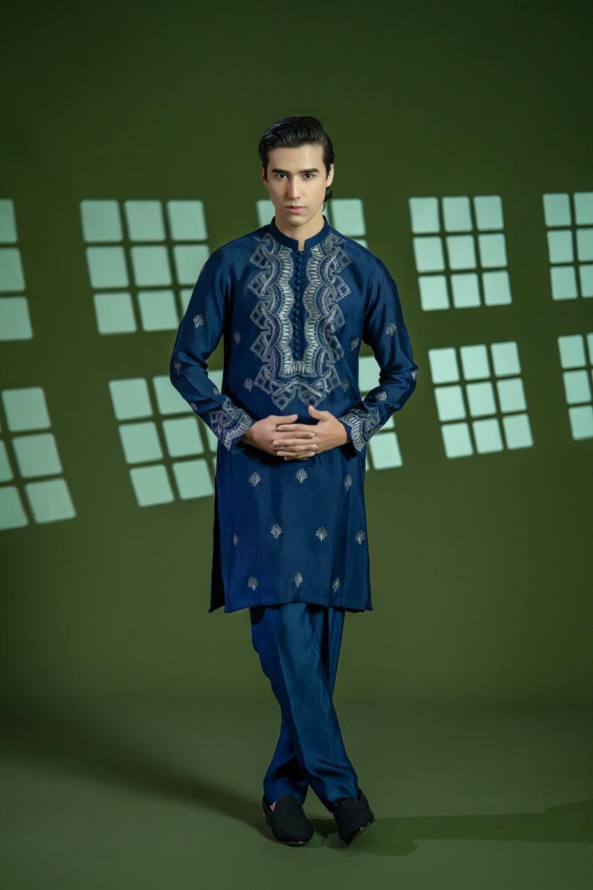 Deep Blue Hand Embroidered Cotton Net Kurta (2-Piece) - Image 1