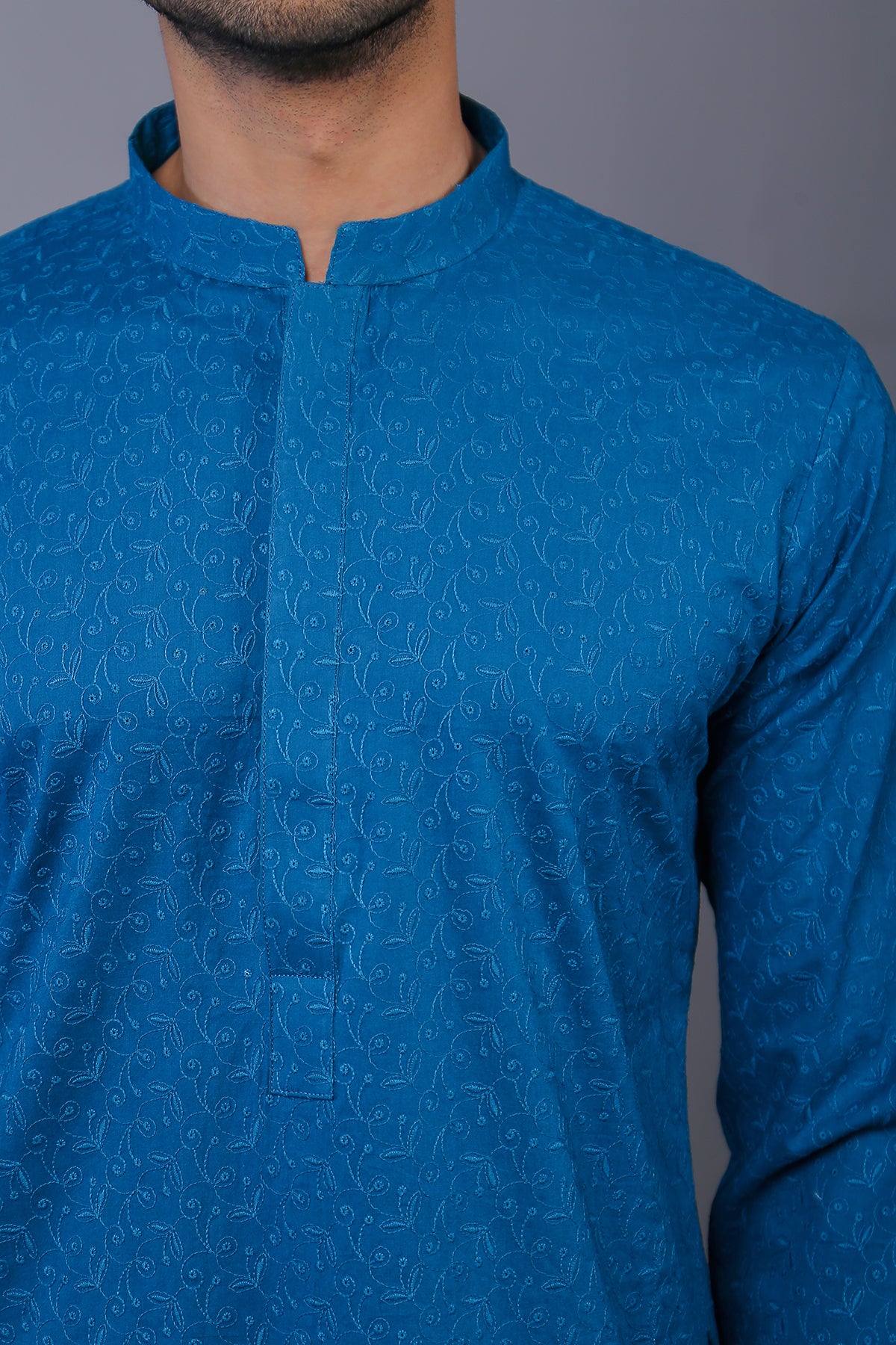 Royal Blue Schiffli Embroidered Cotton Kurta (2-Piece) - Image 3