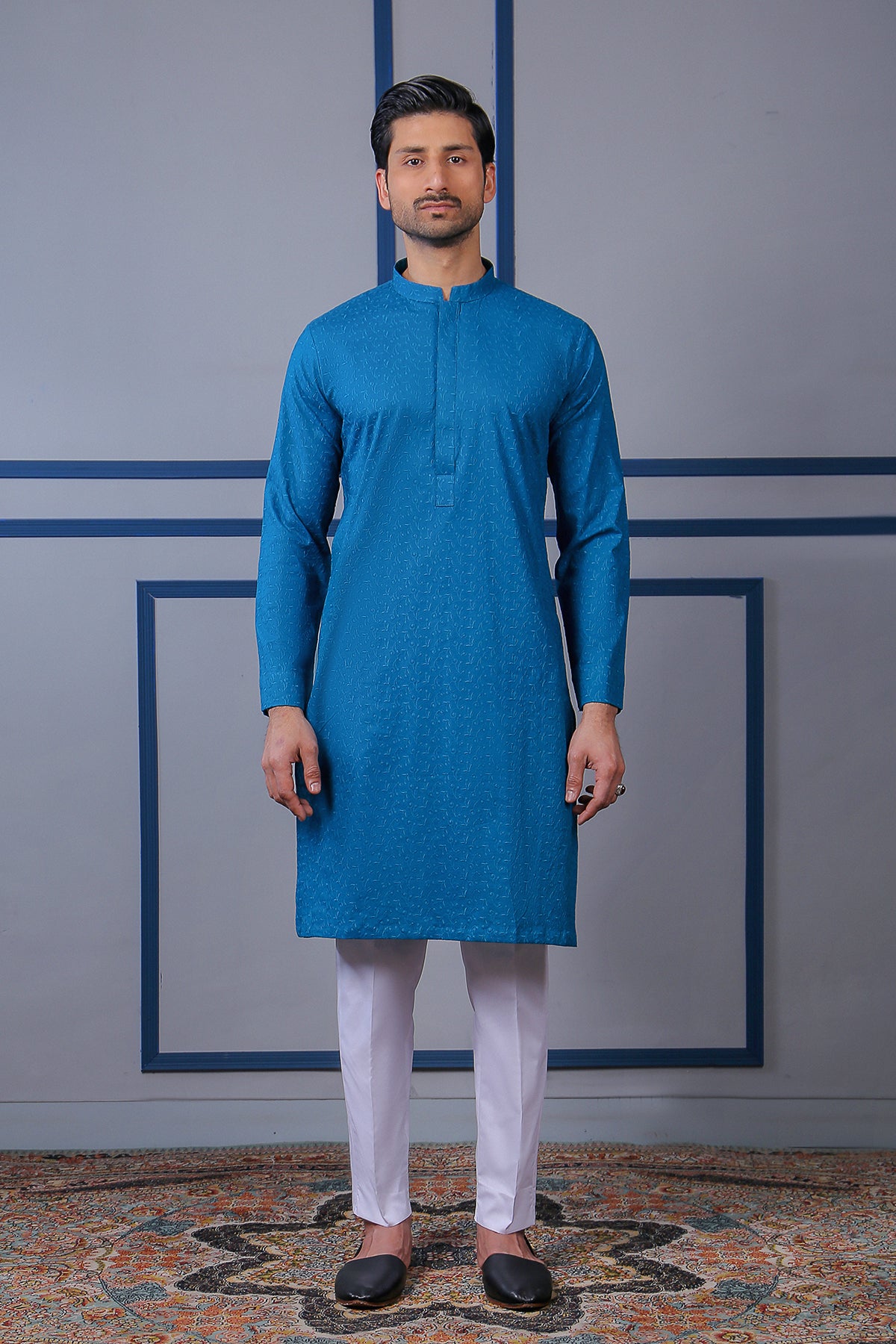 Royal Blue Schiffli Embroidered Cotton Kurta (2-Piece) - Image 1