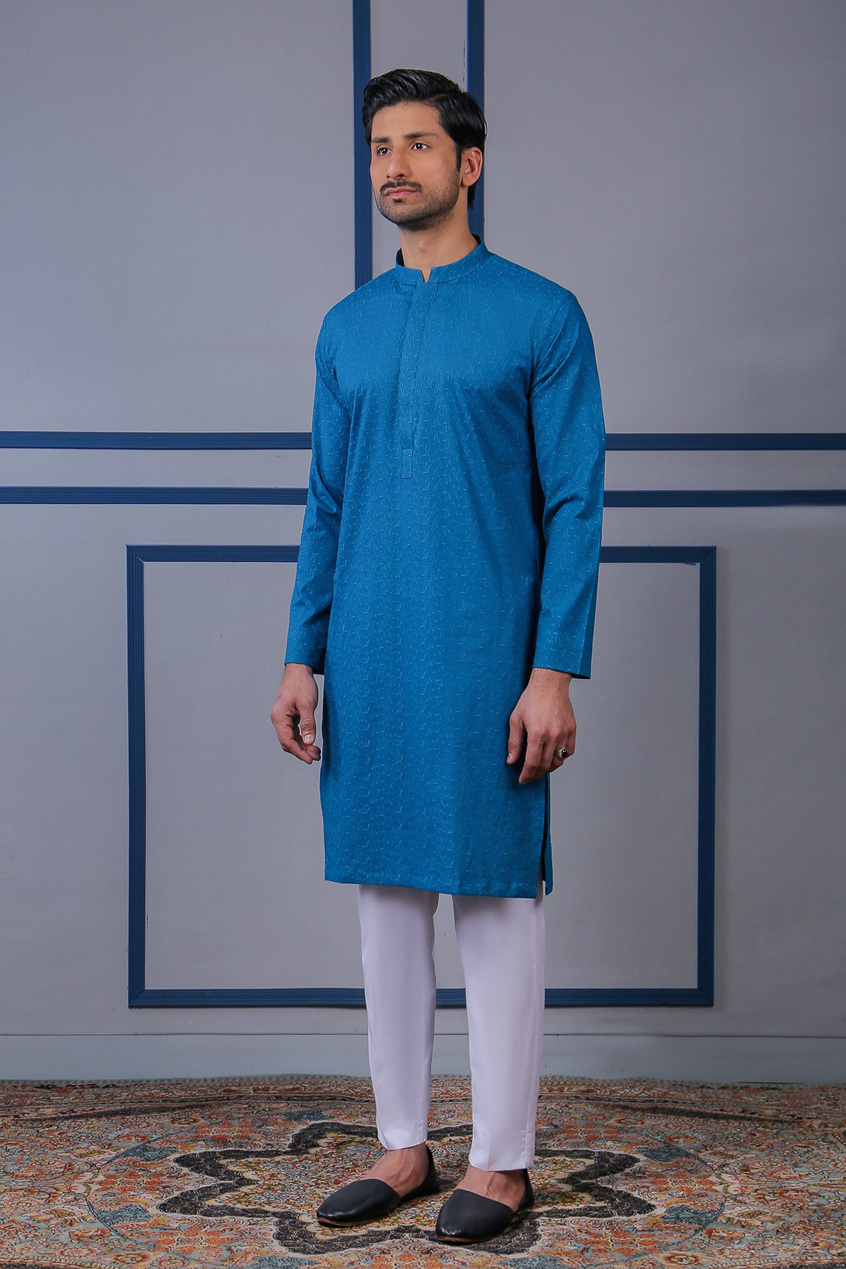 Royal Blue Schiffli Embroidered Cotton Kurta (2-Piece) - Image 2