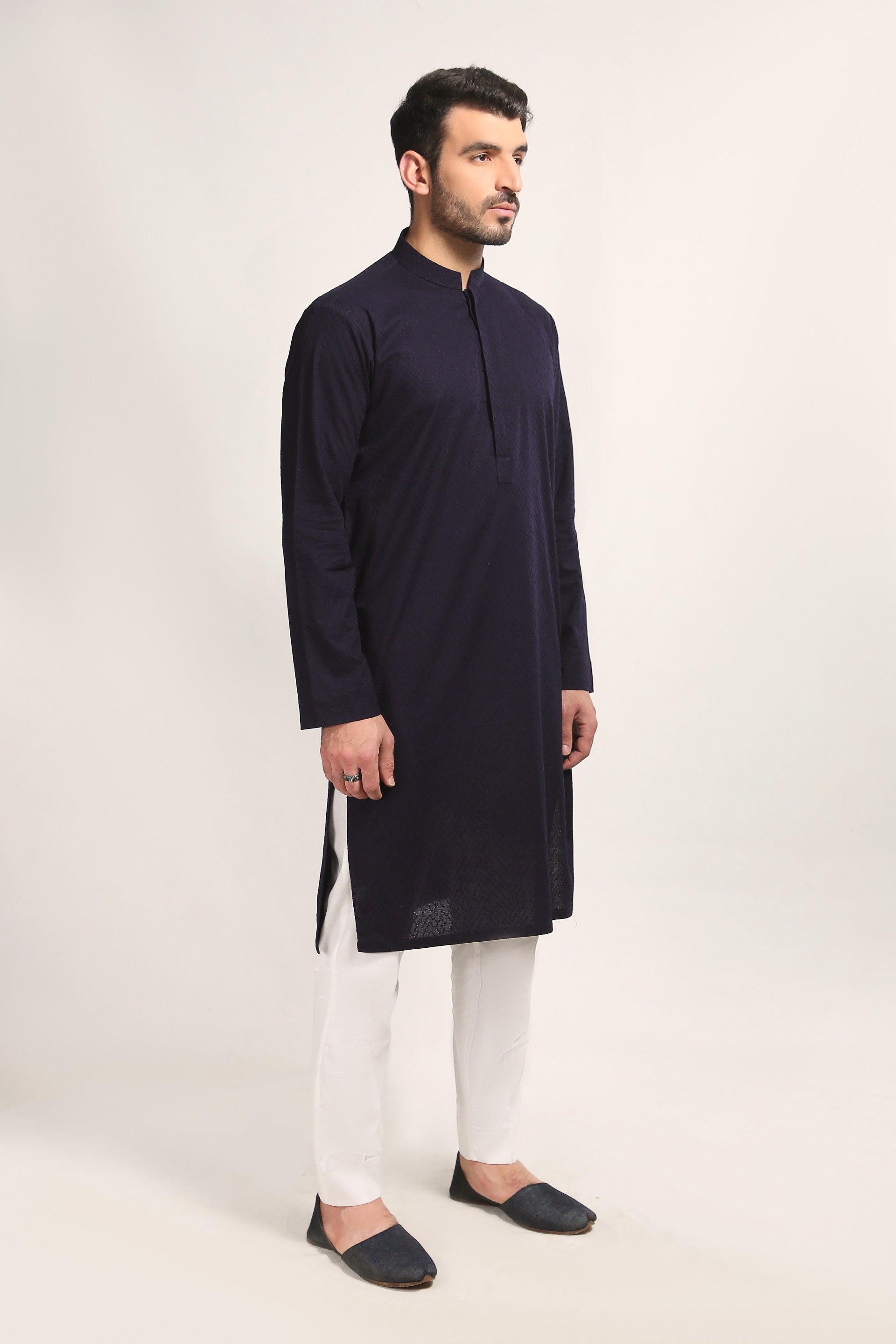 Dark Blue Schiffli Embroidered Cotton Kurta (2-Piece) - Image 1