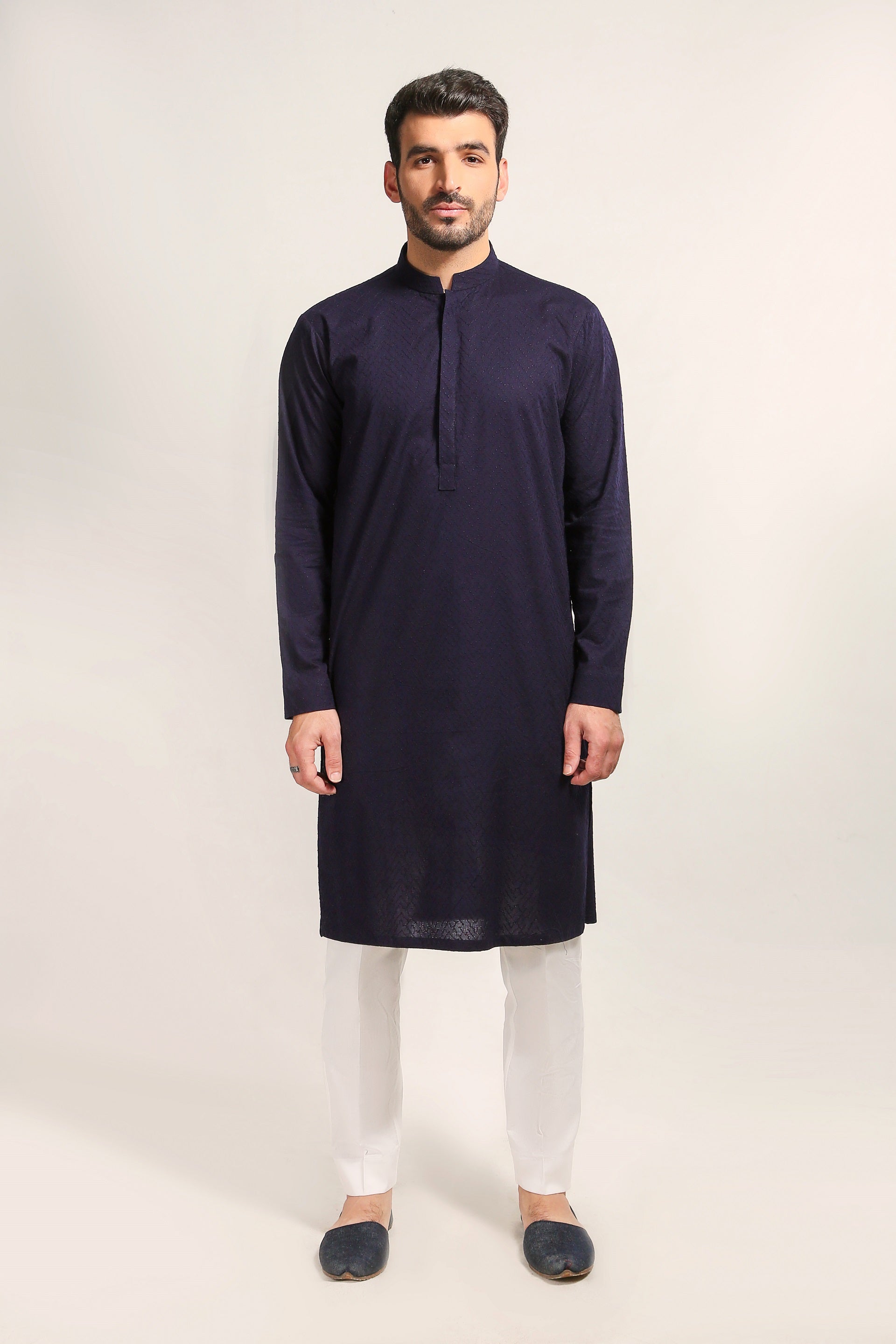 Dark Blue Schiffli Embroidered Cotton Kurta (2-Piece) - Image 2