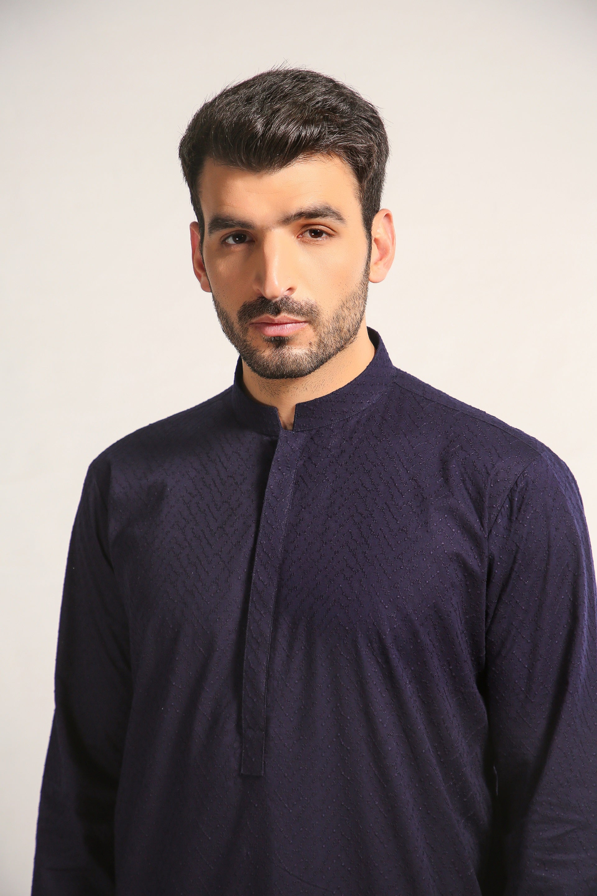 Dark Blue Schiffli Embroidered Cotton Kurta (2-Piece) - Image 3