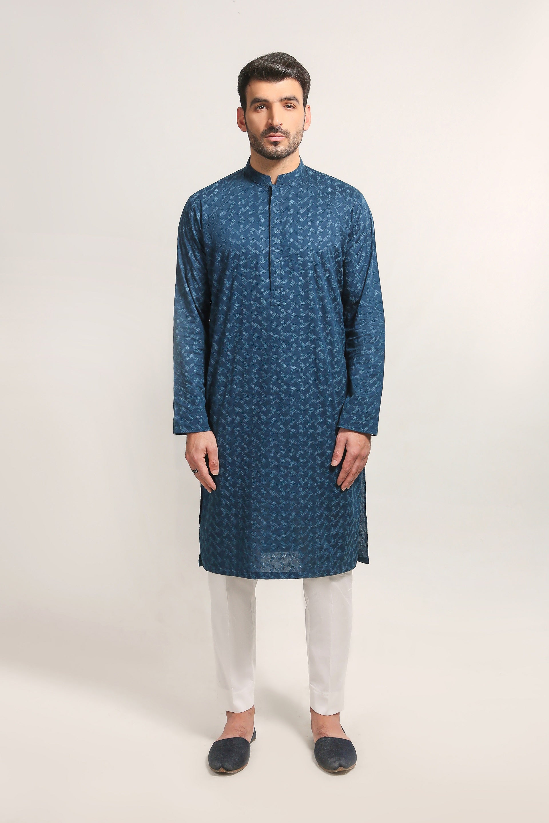 Deep Blue Schifli Embroidered Cotton Kurta (2-Piece) - Image 2