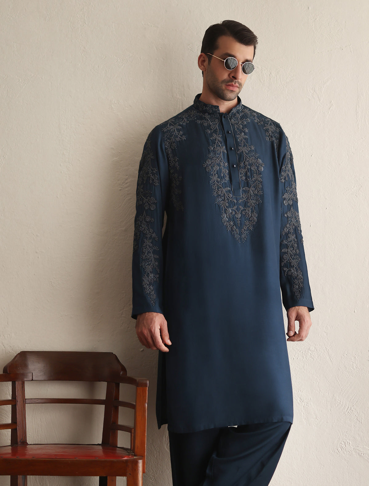 Dark Blue Embroidered Cotton-Silk Kurta (2-Piece) - Image 1