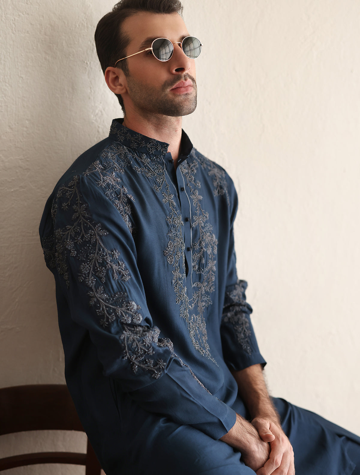 Dark Blue Embroidered Cotton-Silk Kurta (2-Piece) - Image 2