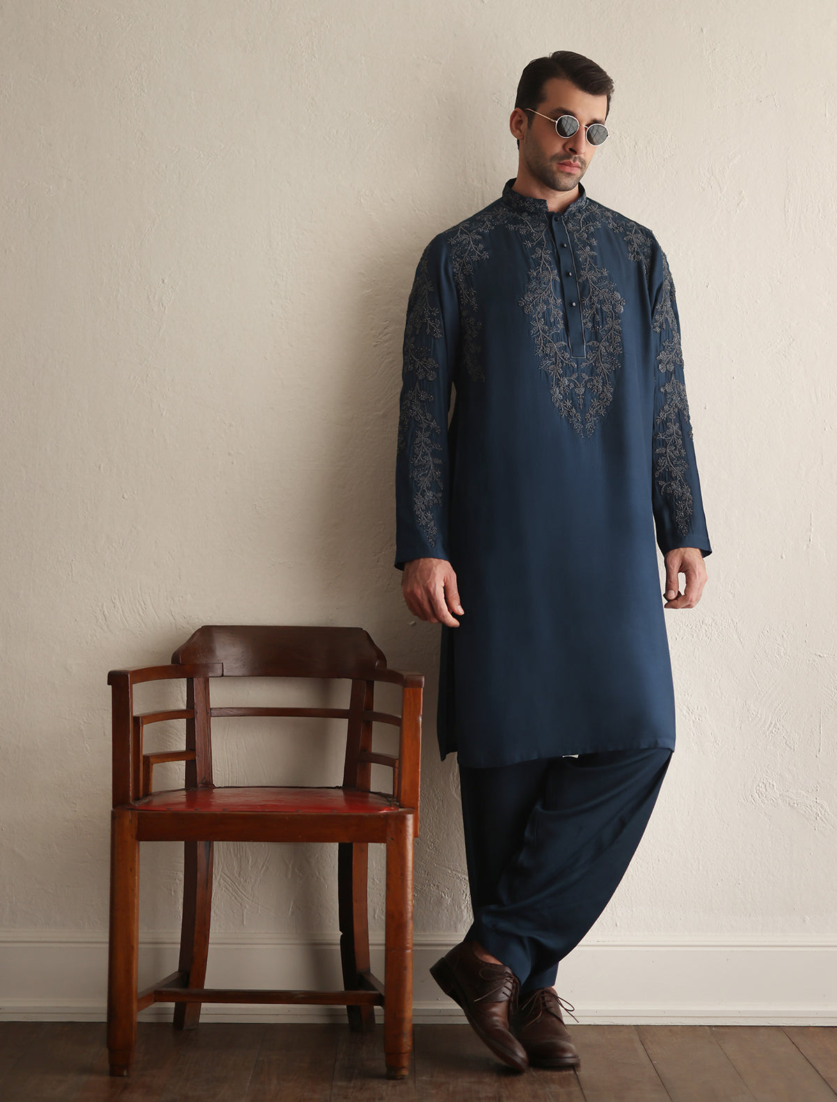 Dark Blue Embroidered Cotton-Silk Kurta (2-Piece) - Image 3