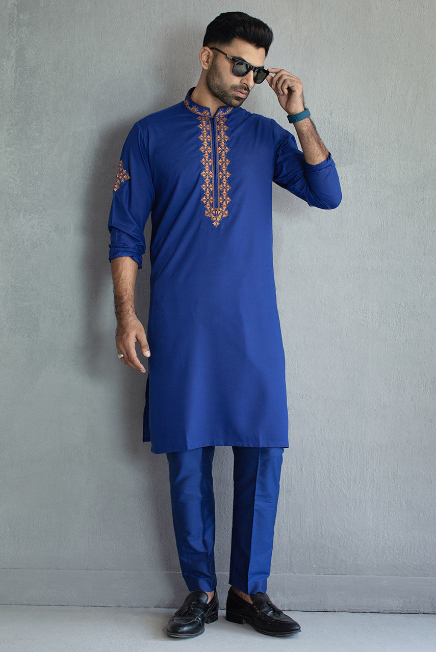 Royal Blue Embroidered Cotton Silk Kurta Pajama (2-Piece) - Image 1