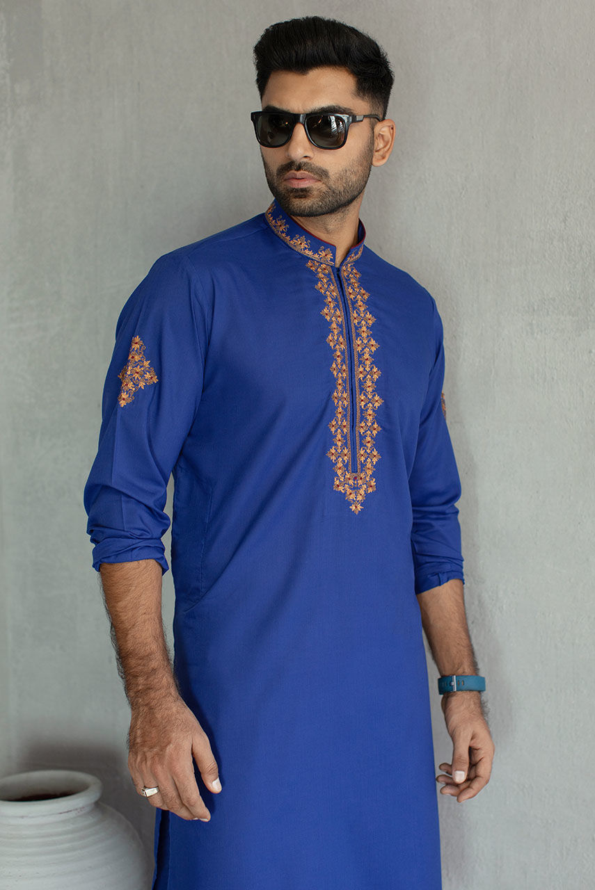 Royal Blue Embroidered Cotton Silk Kurta Pajama (2-Piece) - Image 2
