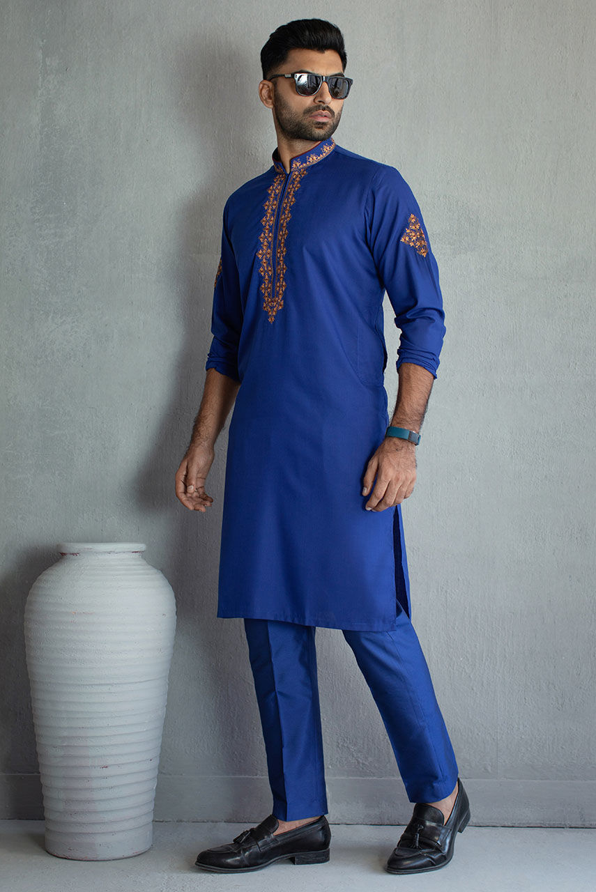 Royal Blue Embroidered Cotton Silk Kurta Pajama (2-Piece) - Image 3