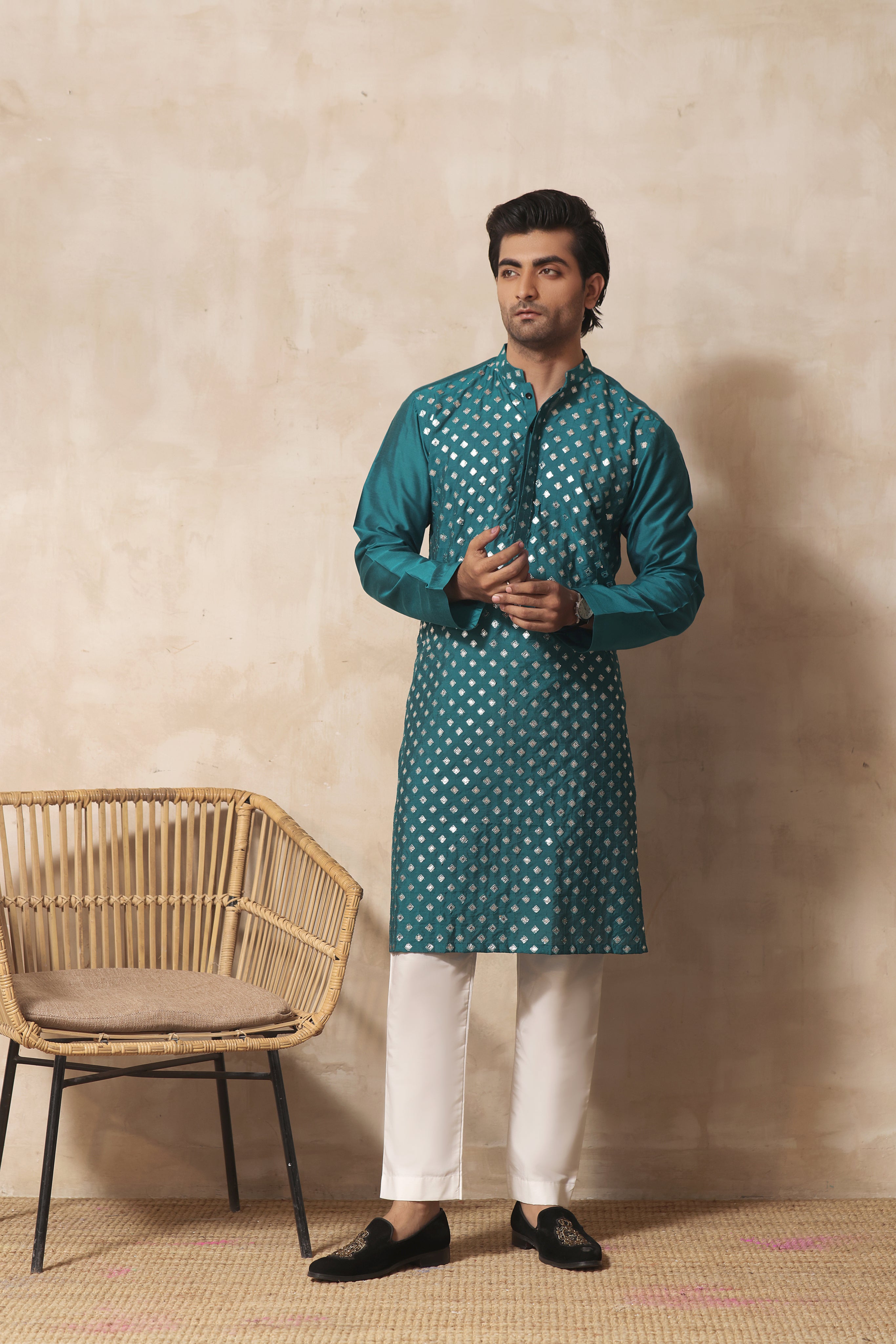 Peacock Blue Resham & Mirror Embroidered Cotton Silk Kurta Pajama (2-Piece) - Image 1