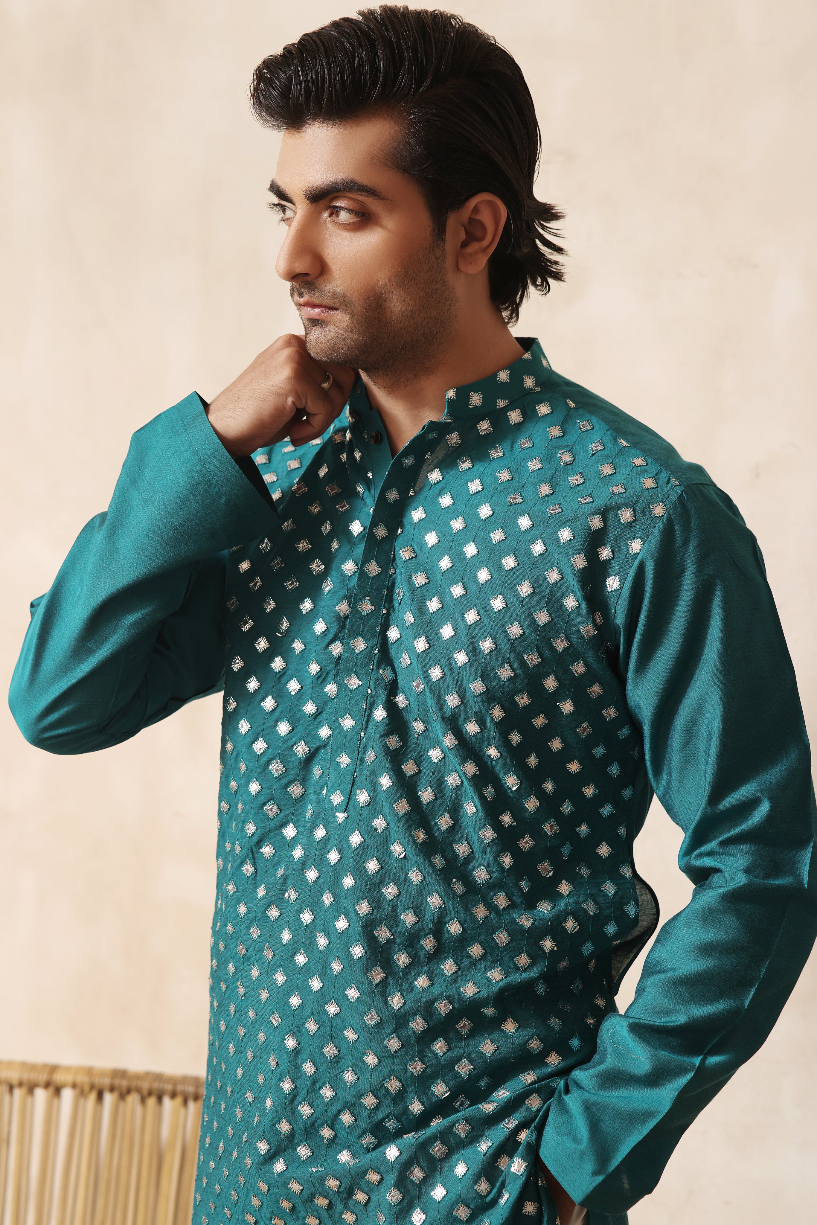 Peacock Blue Resham & Mirror Embroidered Cotton Silk Kurta Pajama (2-Piece) - Image 2
