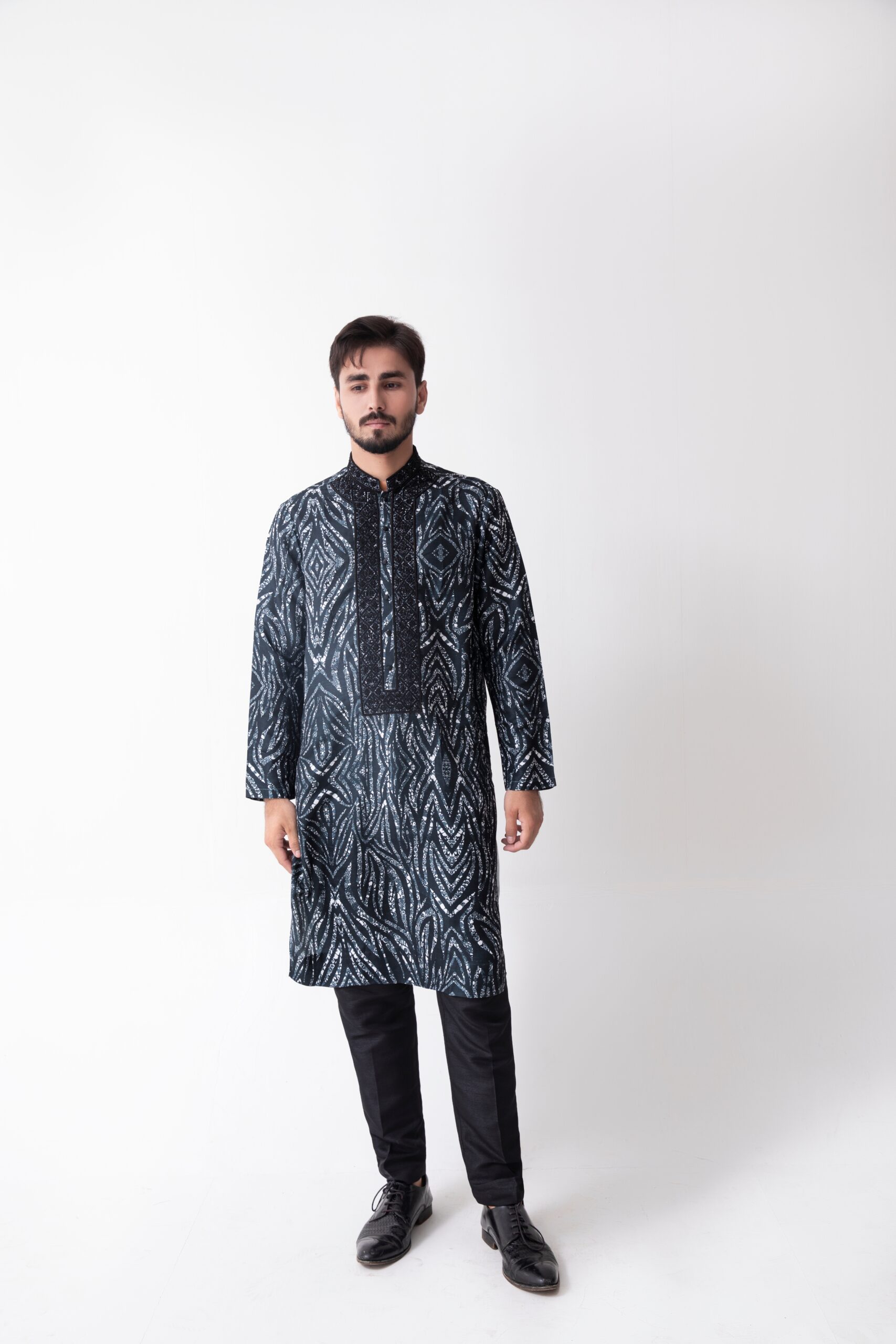 Navy Blue Printed Cotton Kurta with Embroidered Neckline (2-Piece) - Image 1