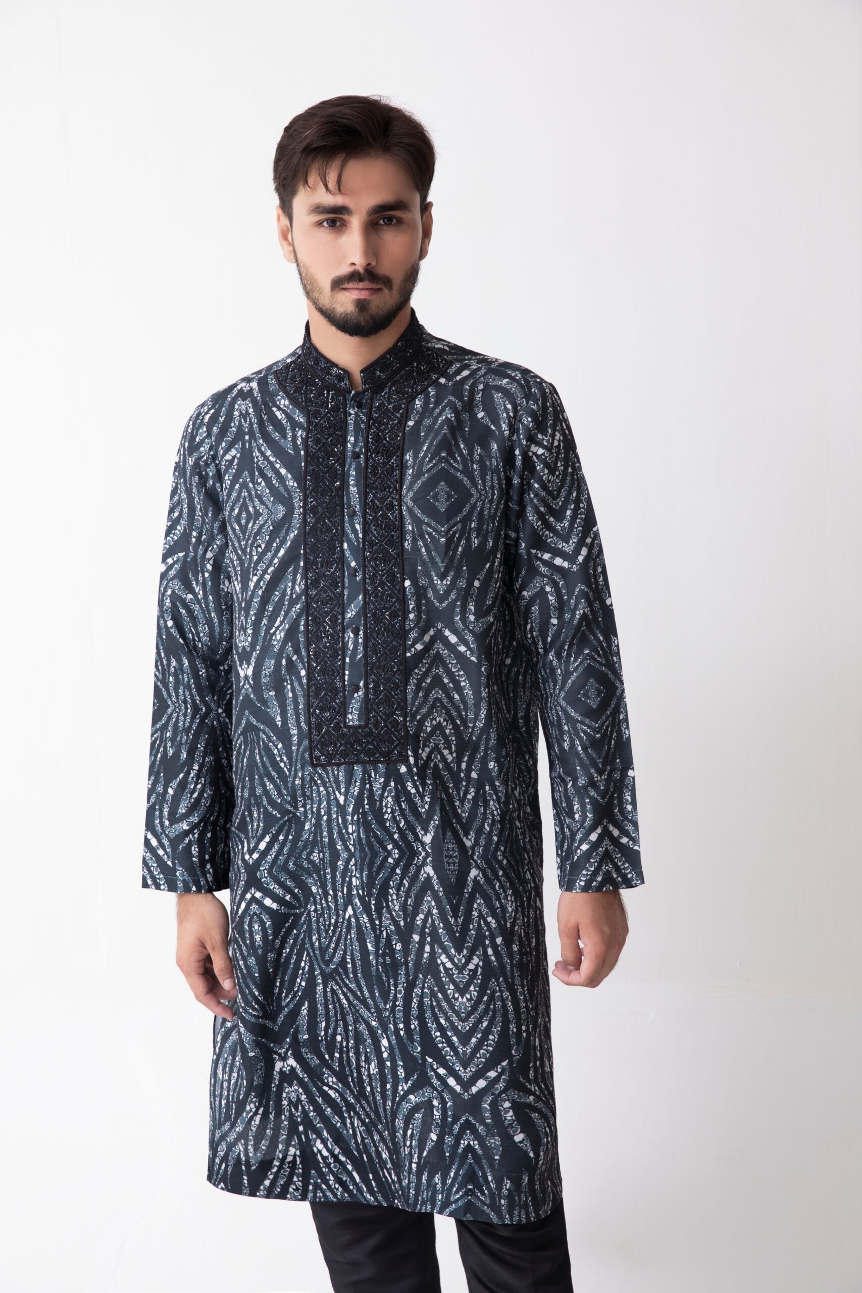 Navy Blue Printed Cotton Kurta with Embroidered Neckline (2-Piece) - Image 2