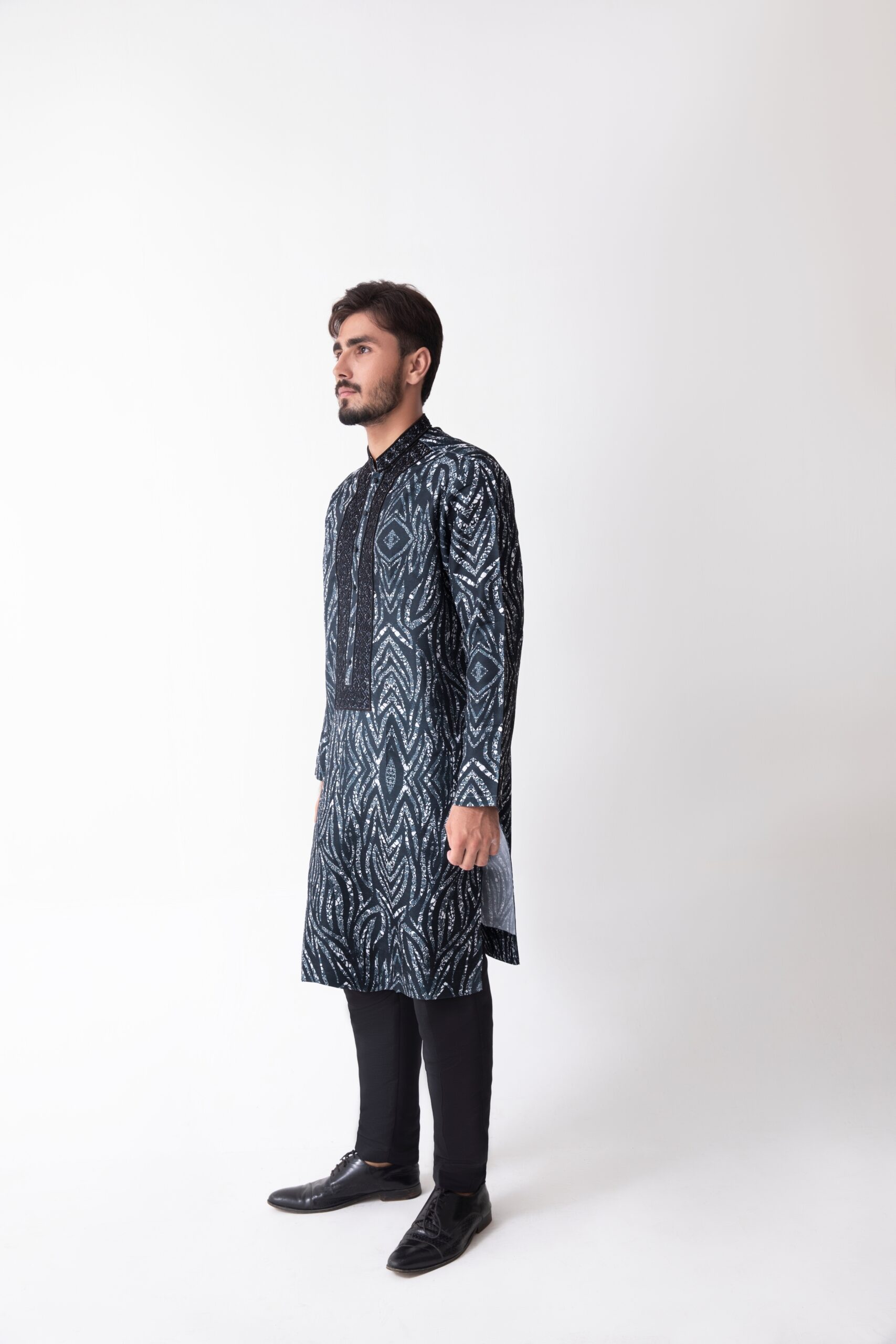 Navy Blue Printed Cotton Kurta with Embroidered Neckline (2-Piece) - Image 3
