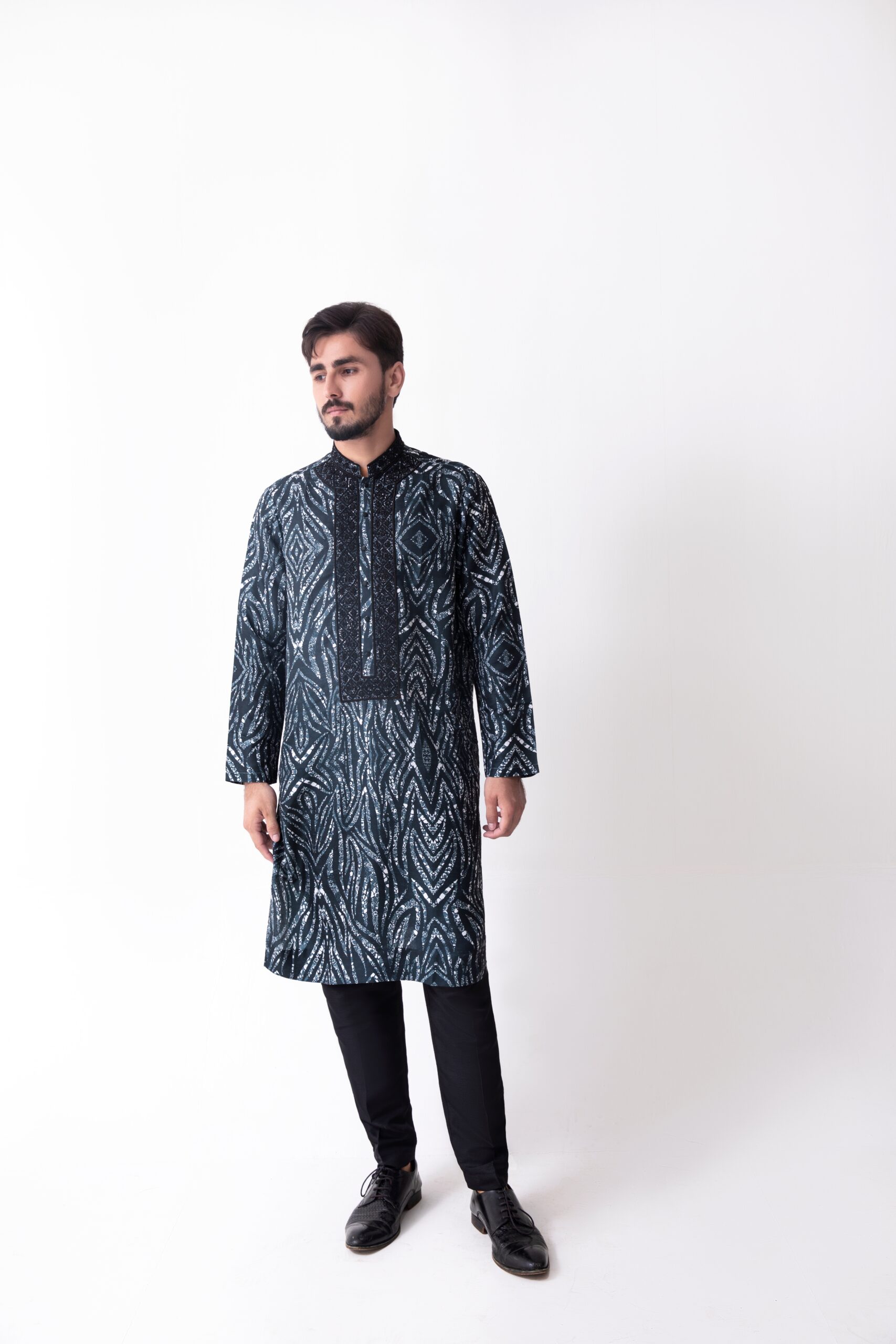 Navy Blue Printed Cotton Kurta with Embroidered Neckline (2-Piece) - Image 4