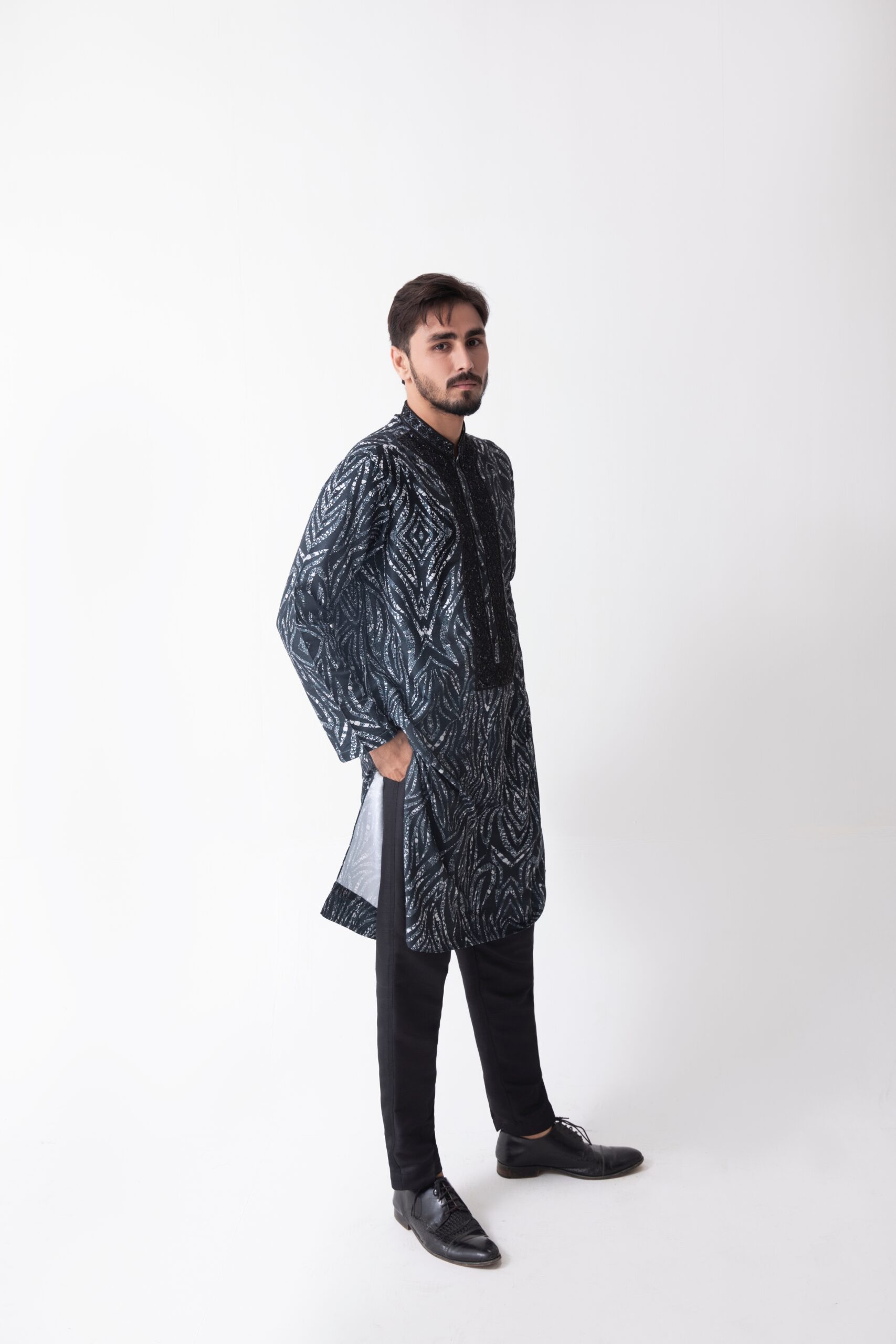 Navy Blue Printed Cotton Kurta with Embroidered Neckline (2-Piece) - Image 5