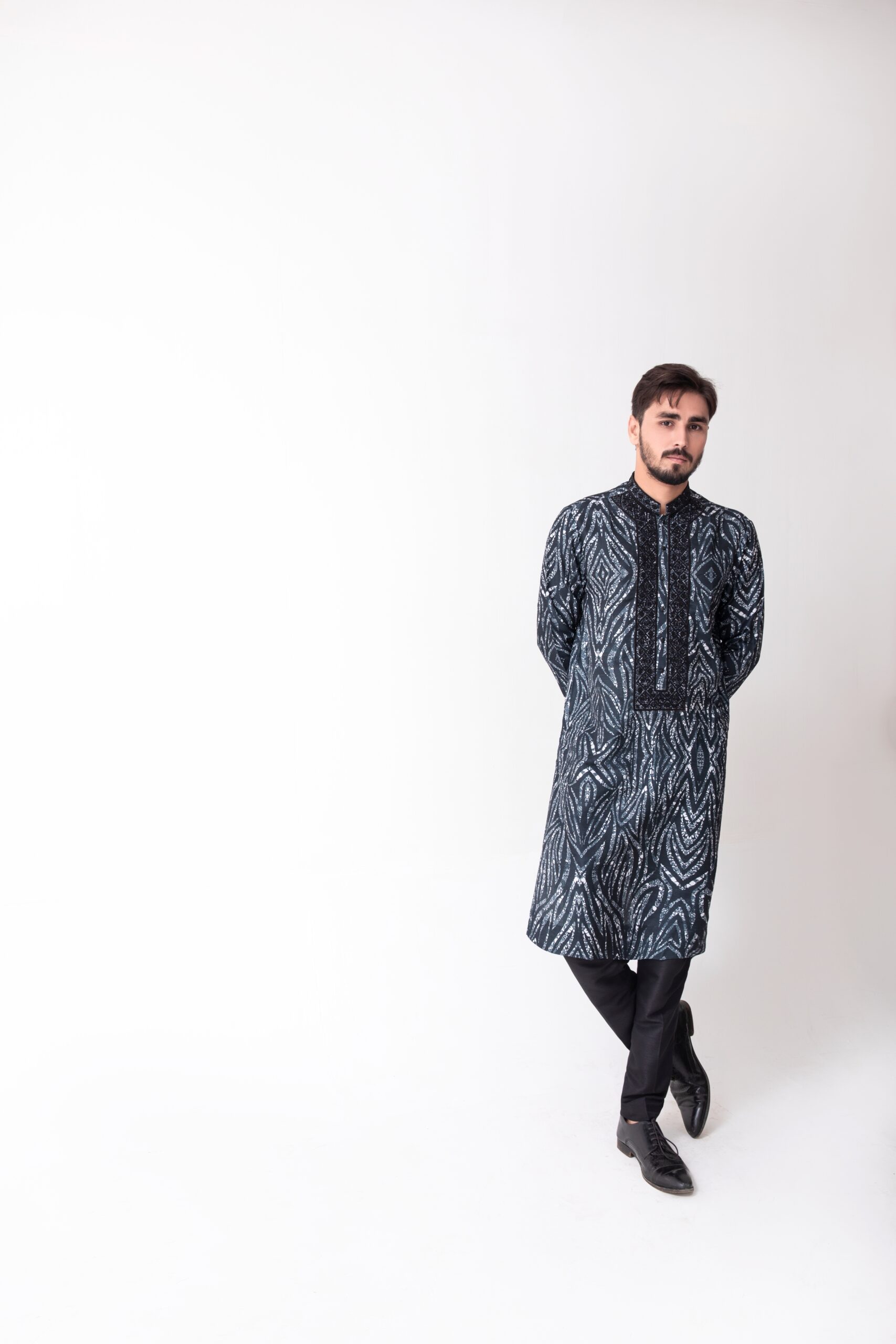 Navy Blue Printed Cotton Kurta with Embroidered Neckline (2-Piece) - Image 6