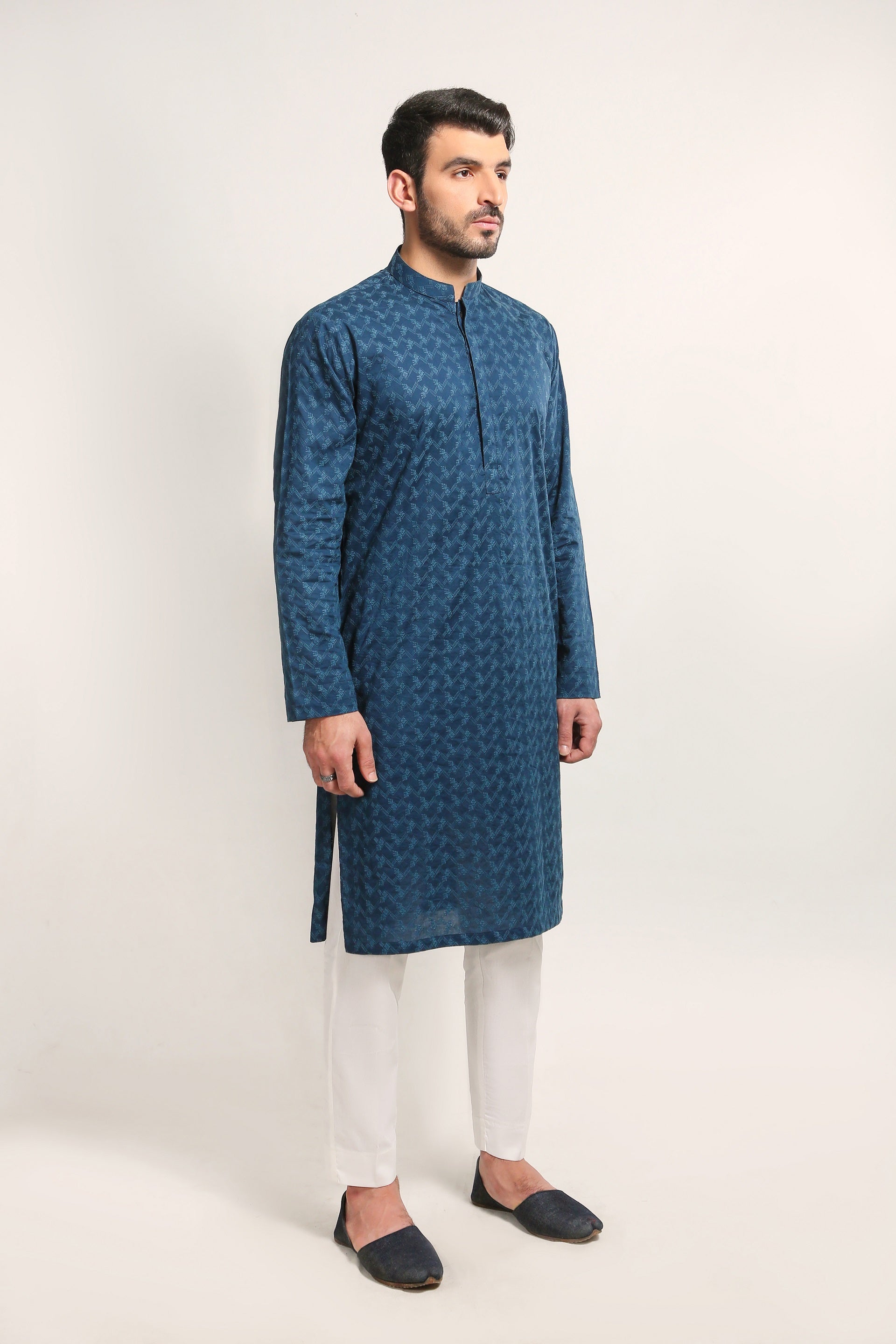 Blue Schifli Embroidered Cotton Kurta (2-Piece) - Image 1