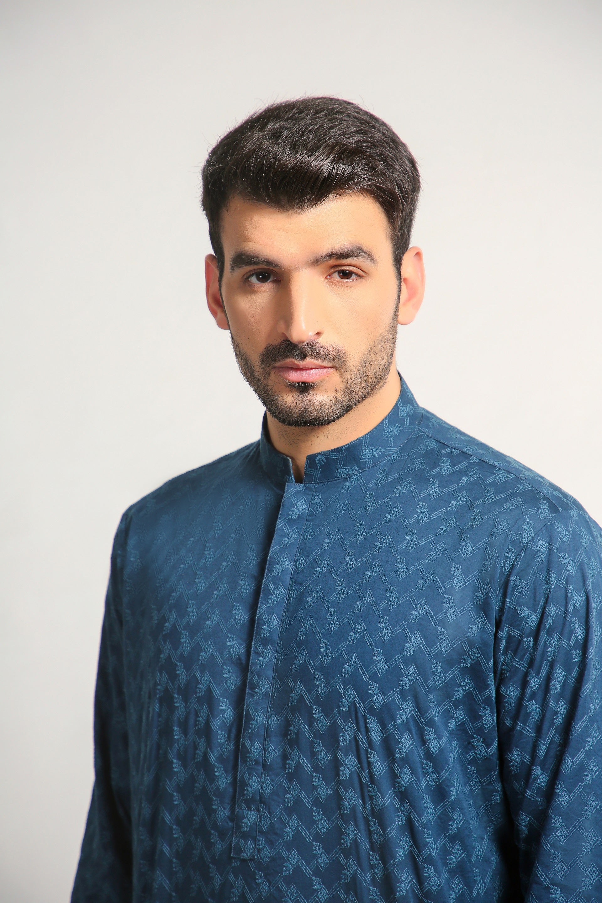 Blue Schifli Embroidered Cotton Kurta (2-Piece) - Image 3