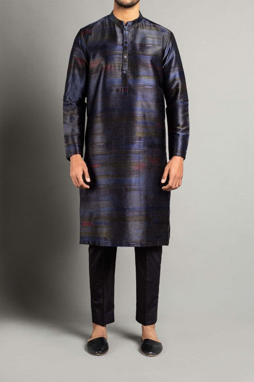 Deep Blue Embroidered Egyptian Cotton Kurta (2-Piece) - Image 1