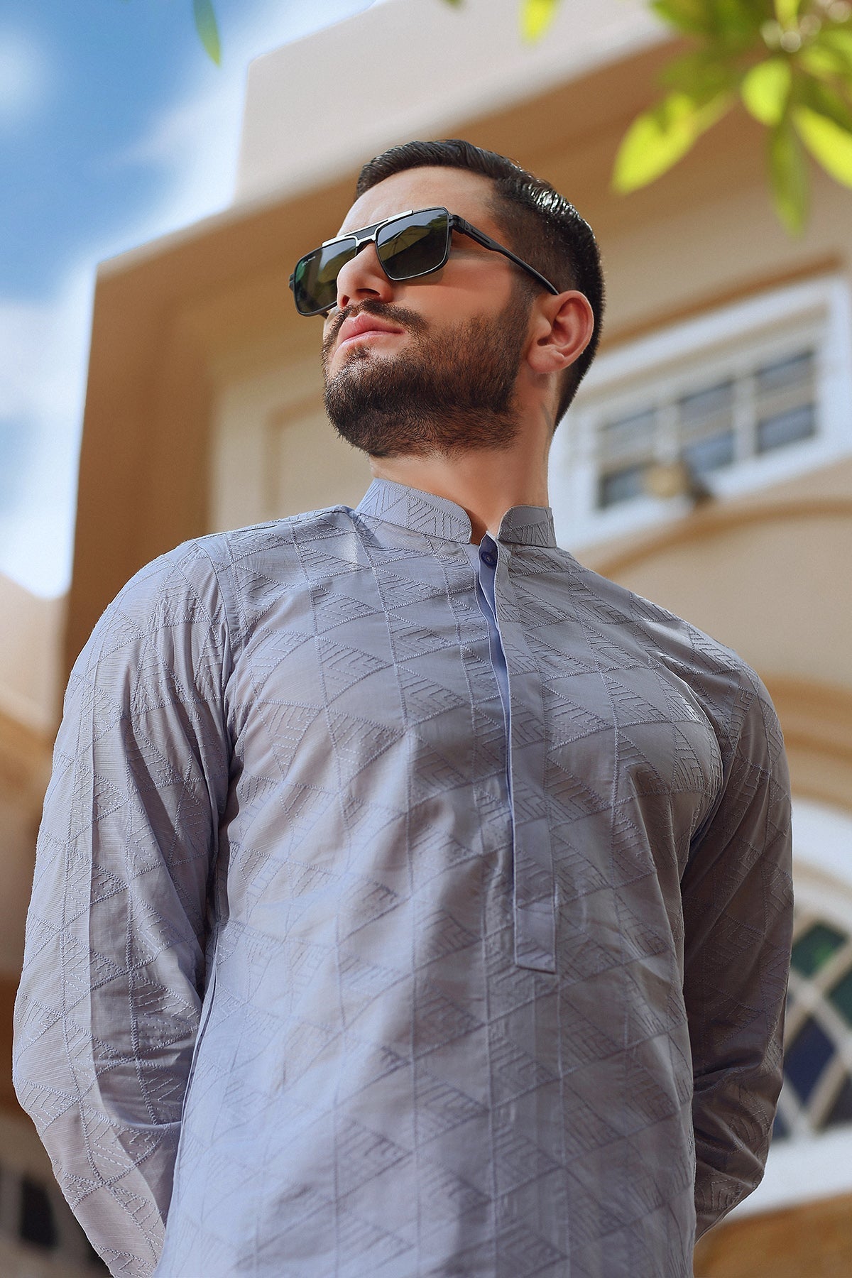 Sky Blue Embroidered Egyptian Cotton Lawn Kurta (2-Piece) - Image 4