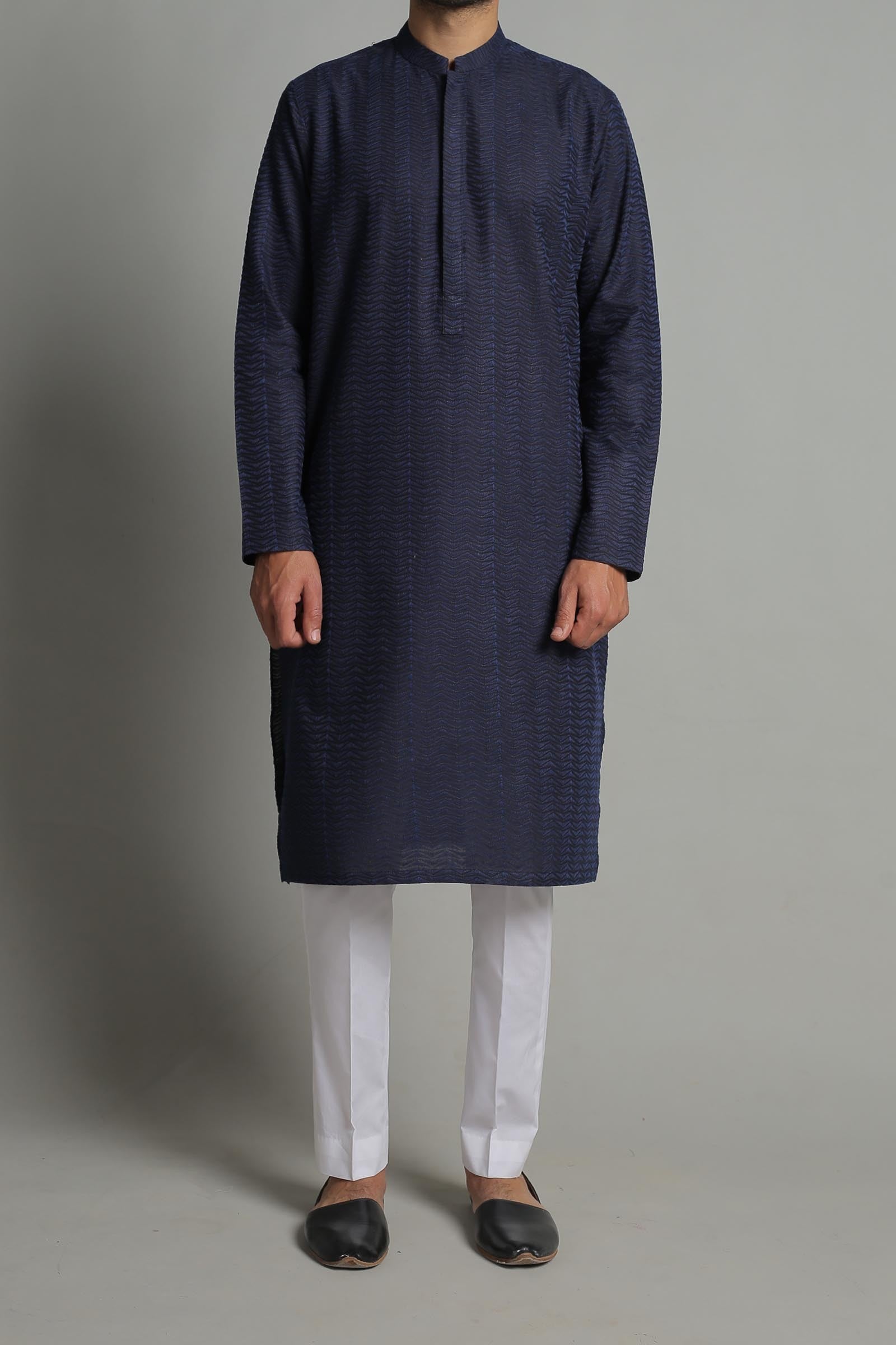 Blue and Black Embroidered Egyptian Cotton Kurta (2-Piece) - Image 1