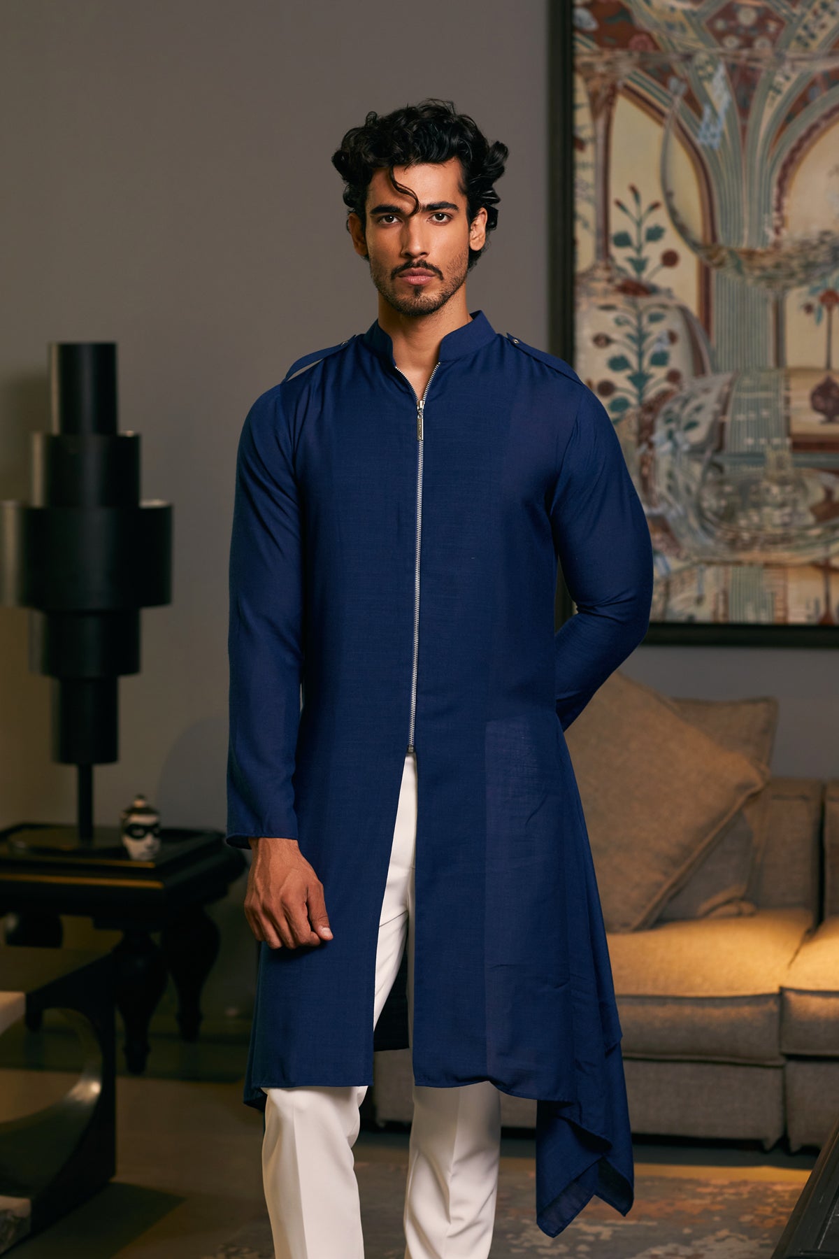 Midnight Blue Blended Linen Drape Kurta (2-Piece) - Image 1