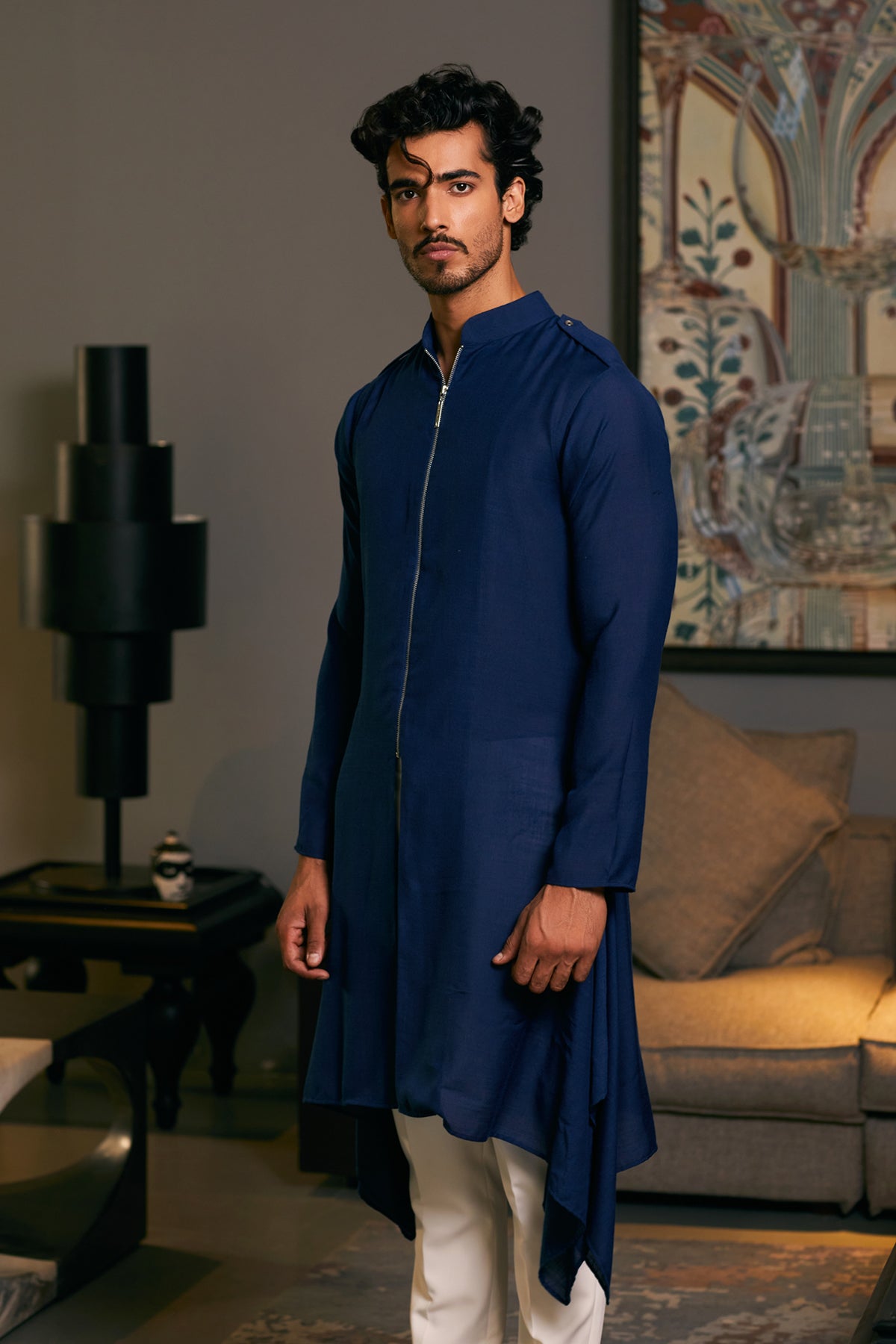 Midnight Blue Blended Linen Drape Kurta (2-Piece) - Image 2