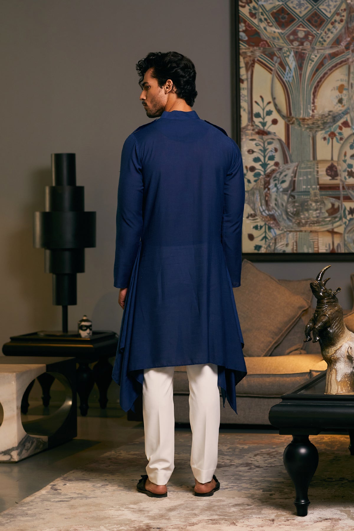 Midnight Blue Blended Linen Drape Kurta (2-Piece) - Image 5