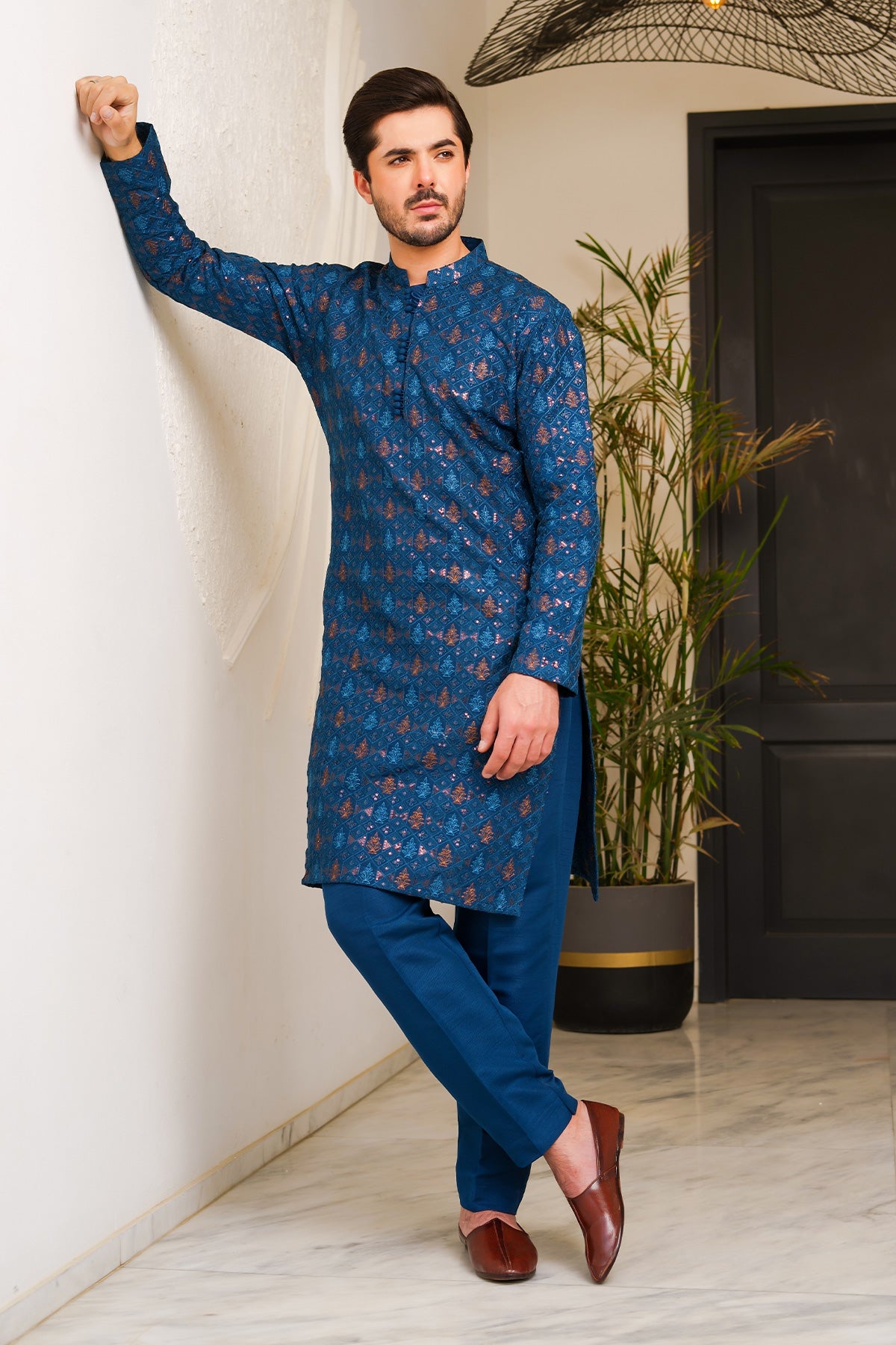Royal Blue Embroidered Masoori Kurta Pajama (2-Piece) - Image 1