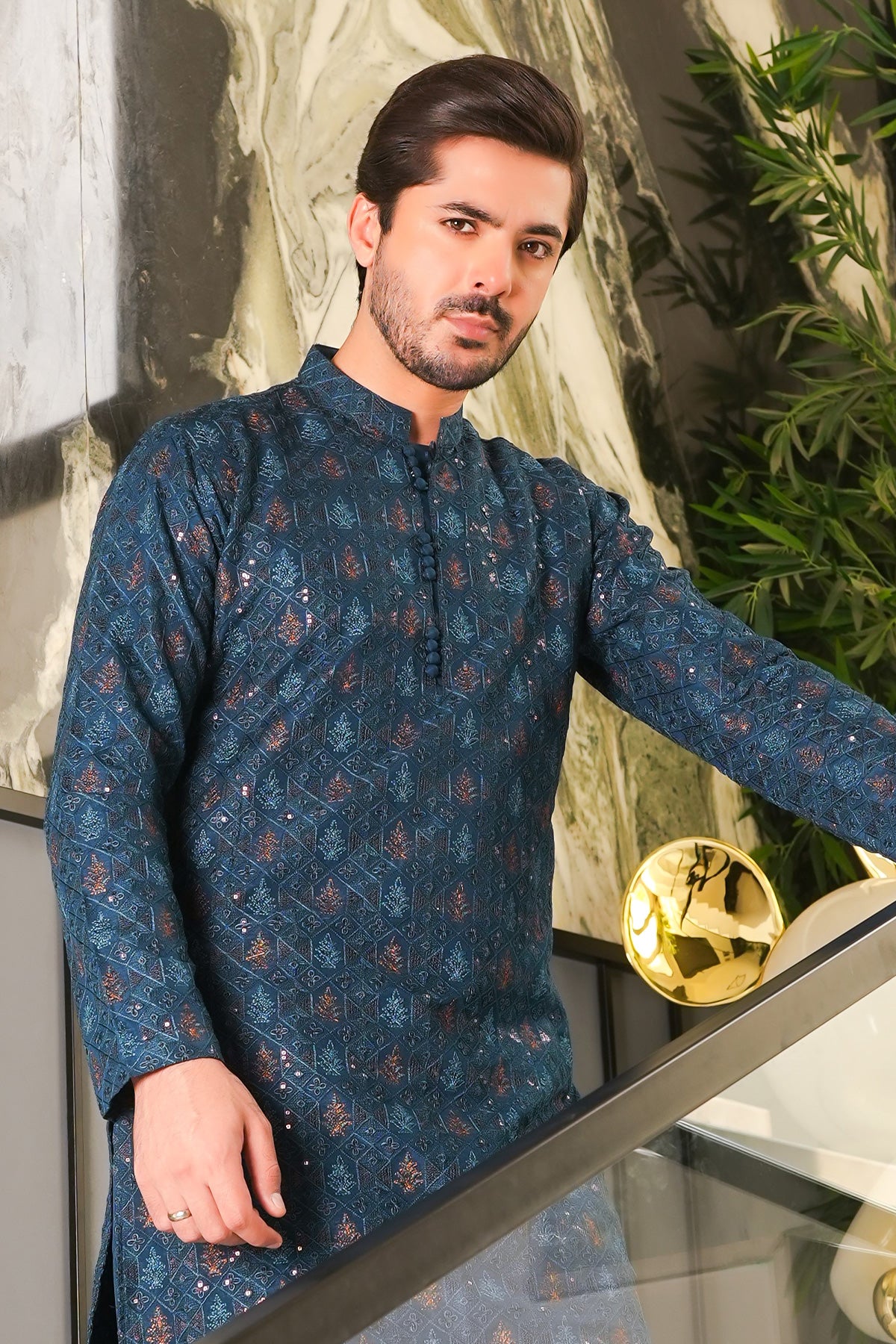 Royal Blue Embroidered Masoori Kurta Pajama (2-Piece) - Image 2