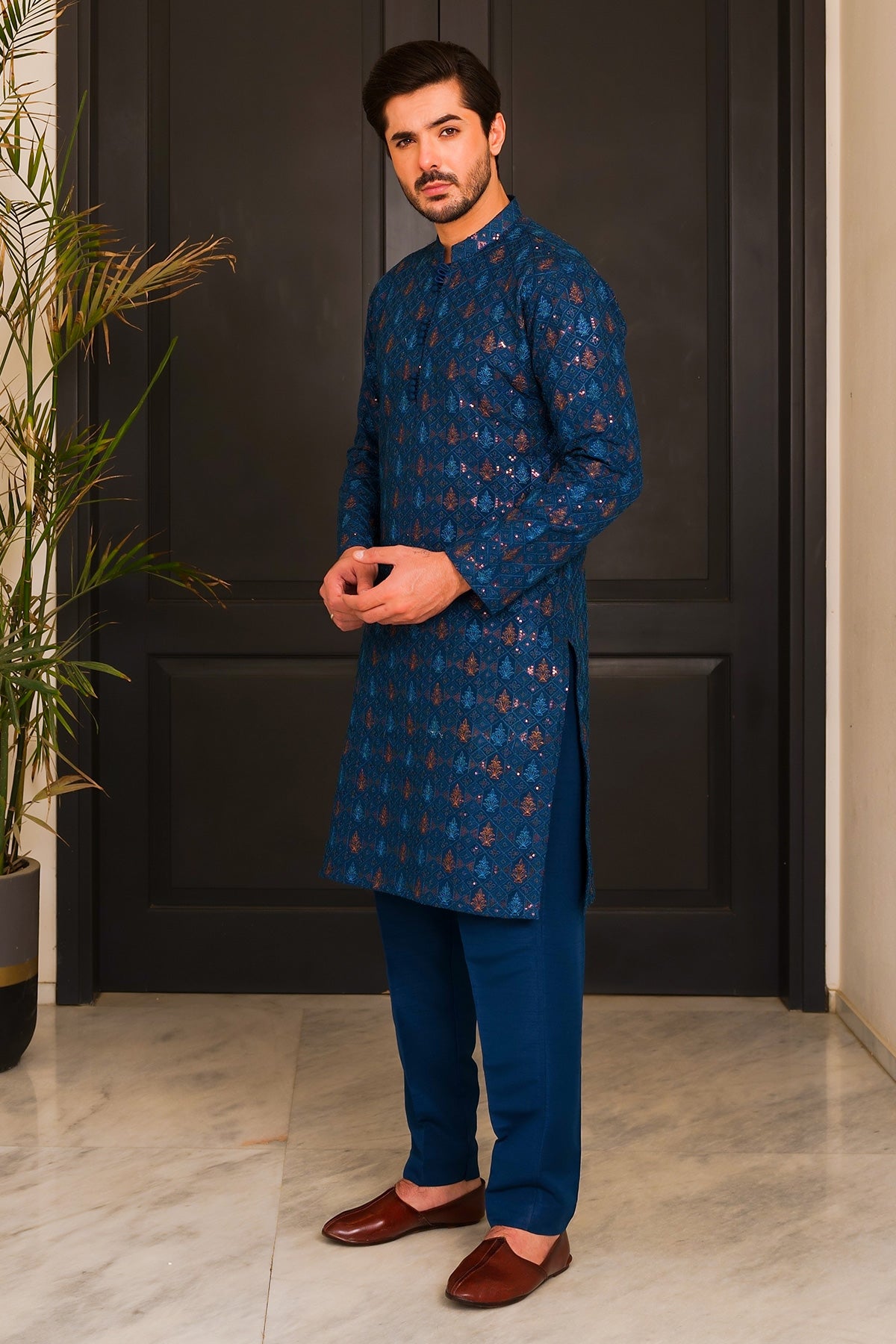 Royal Blue Embroidered Masoori Kurta Pajama (2-Piece) - Image 3