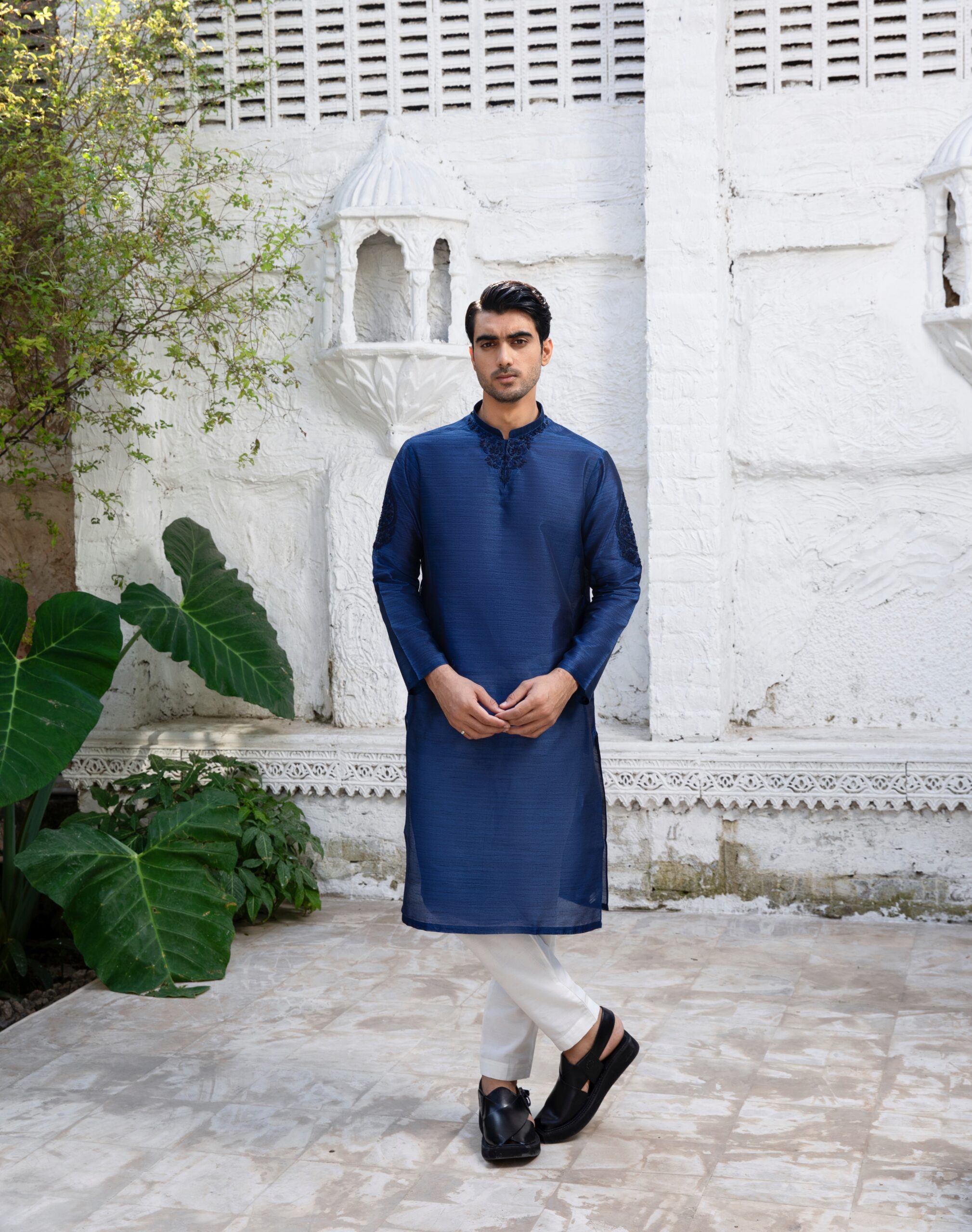 Tranquil Blue Embroidered Raw Silk Kurta (2-Piece) - Image 1