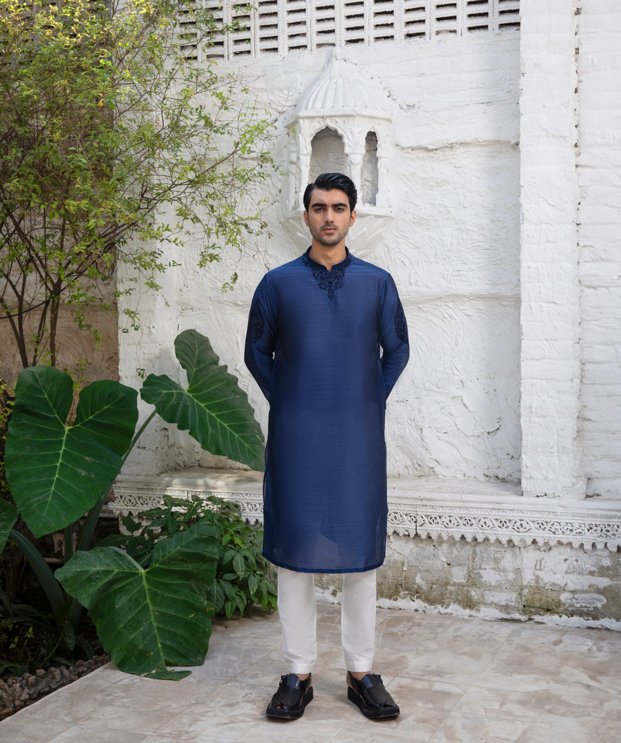 Tranquil Blue Embroidered Raw Silk Kurta (2-Piece) - Image 5