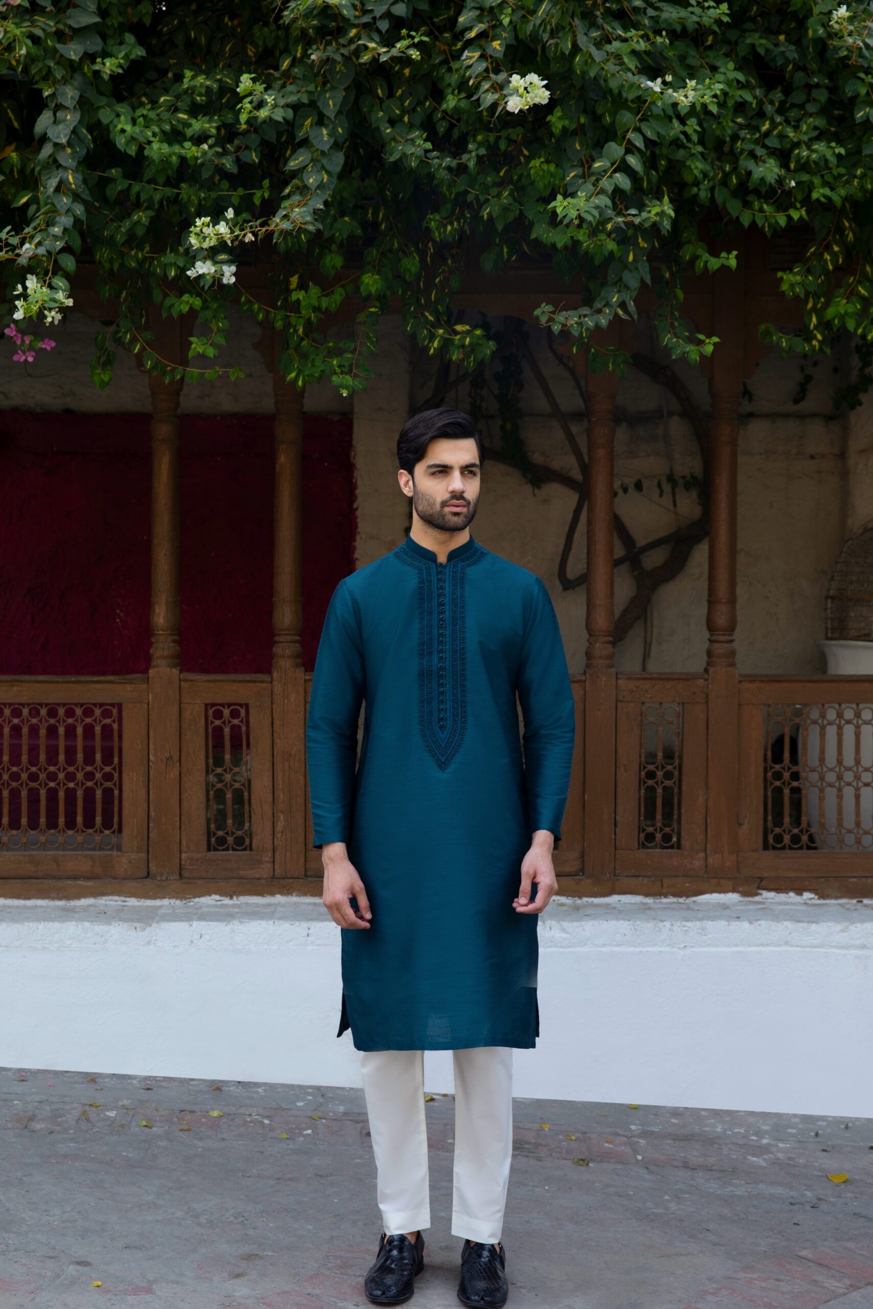 Deep Blue Embroidered Synthetic Raw Silk Kurta (2-Piece) - Image 1