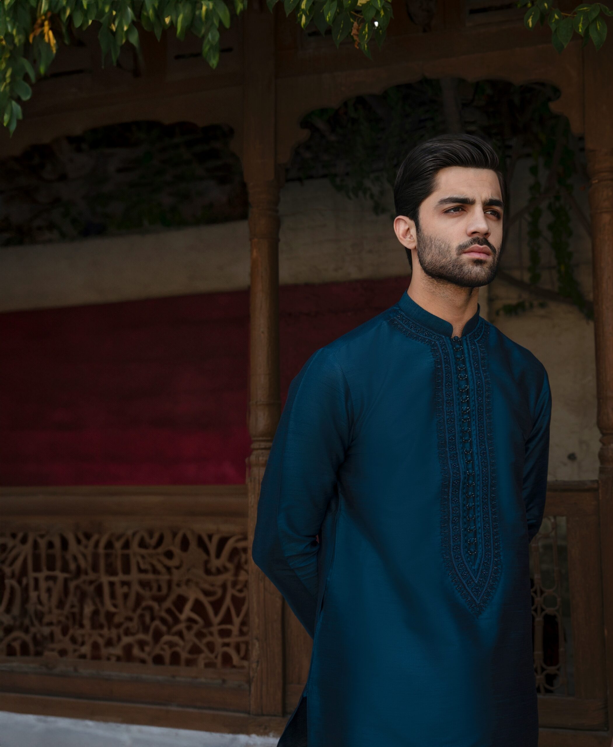 Deep Blue Embroidered Synthetic Raw Silk Kurta (2-Piece) - Image 2