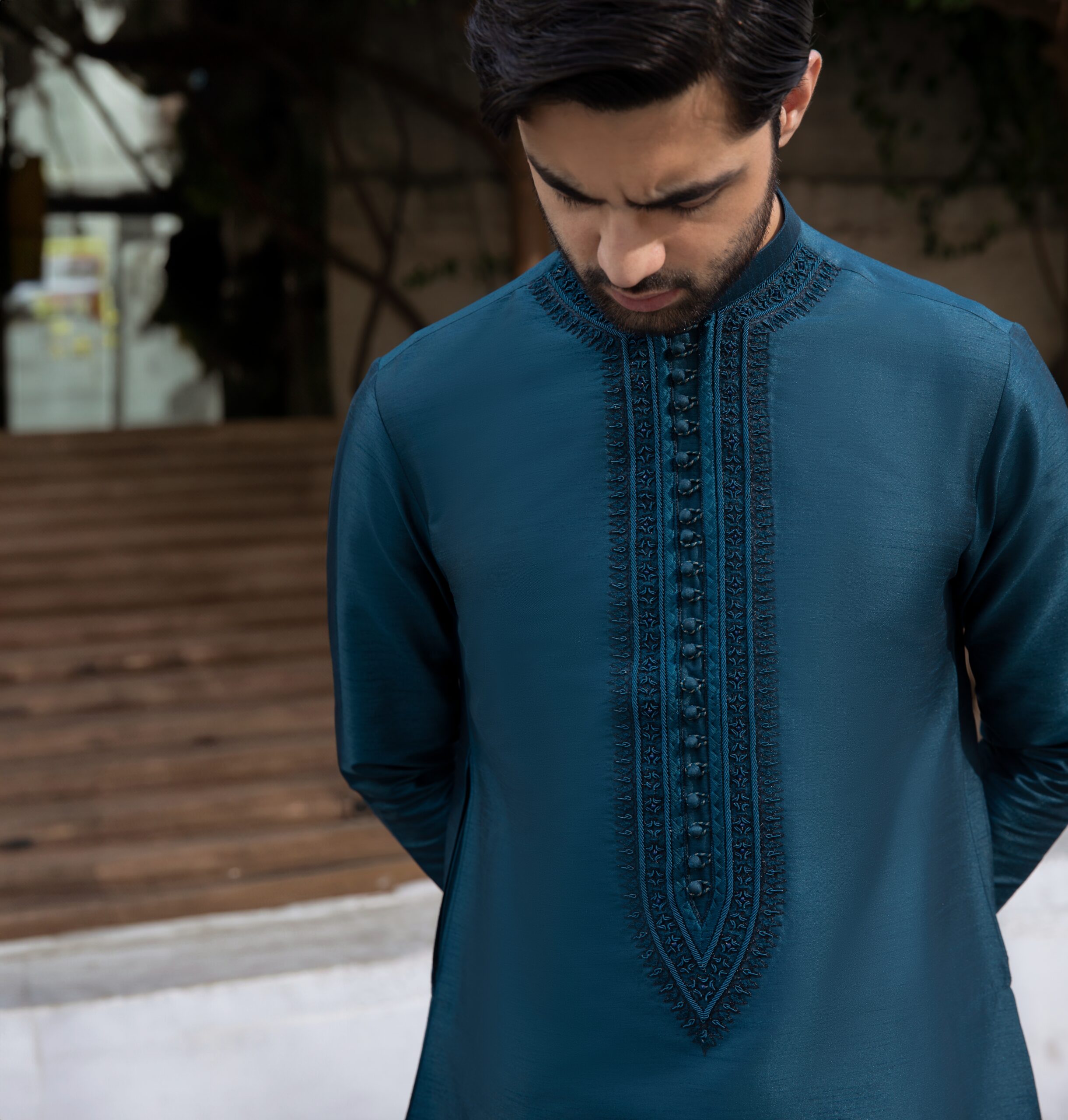 Deep Blue Embroidered Synthetic Raw Silk Kurta (2-Piece) - Image 3