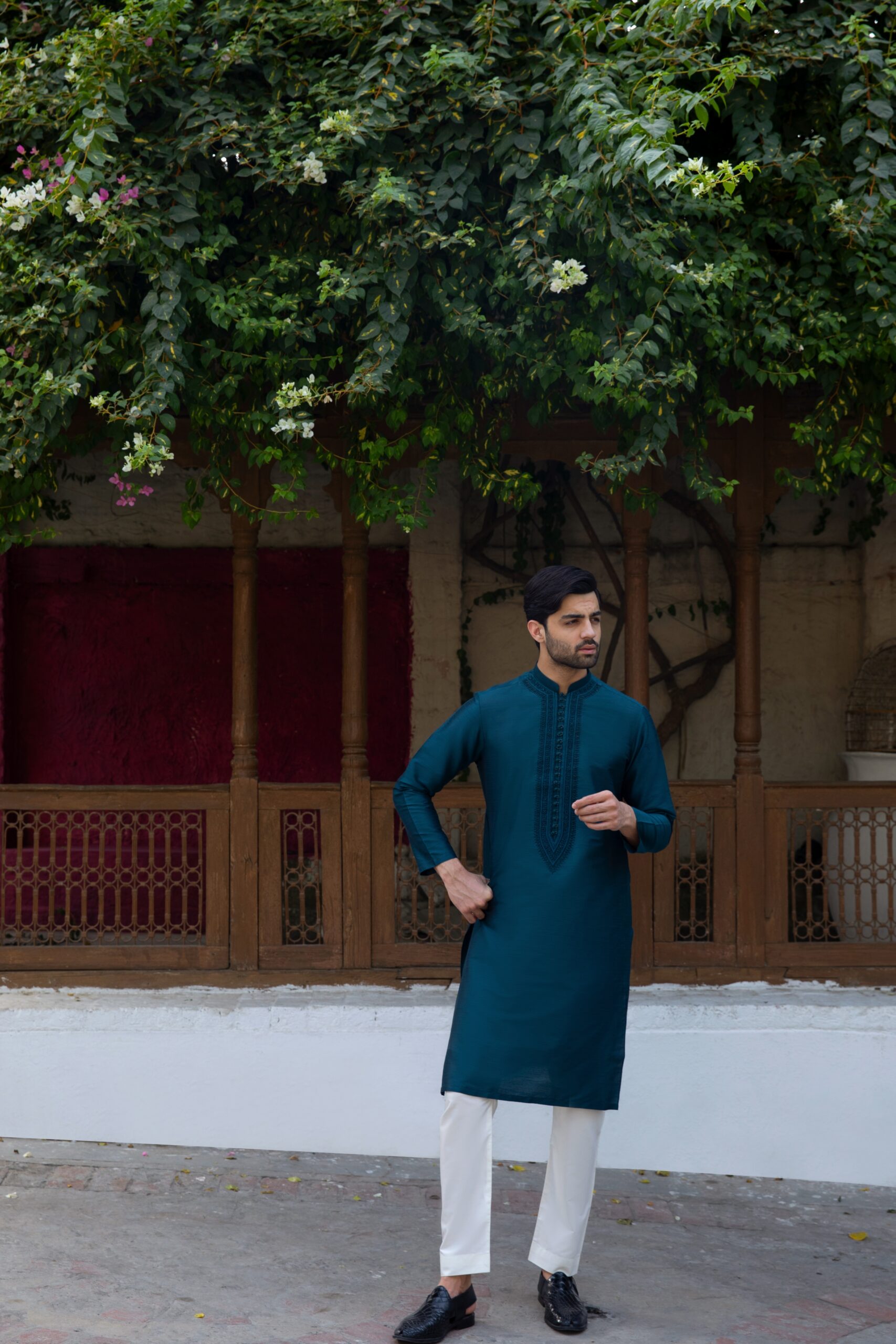 Deep Blue Embroidered Synthetic Raw Silk Kurta (2-Piece) - Image 4