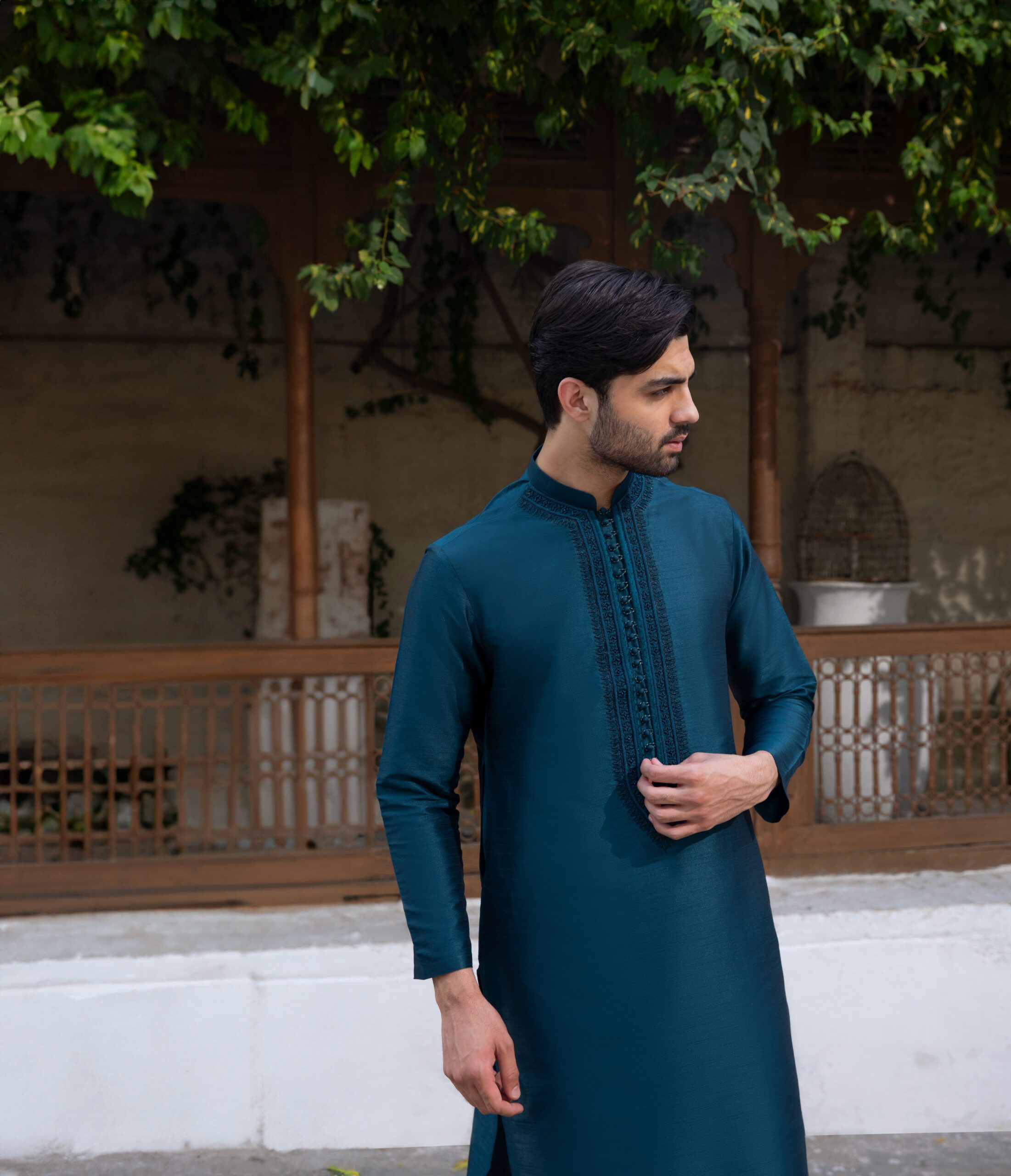 Deep Blue Embroidered Synthetic Raw Silk Kurta (2-Piece) - Image 5