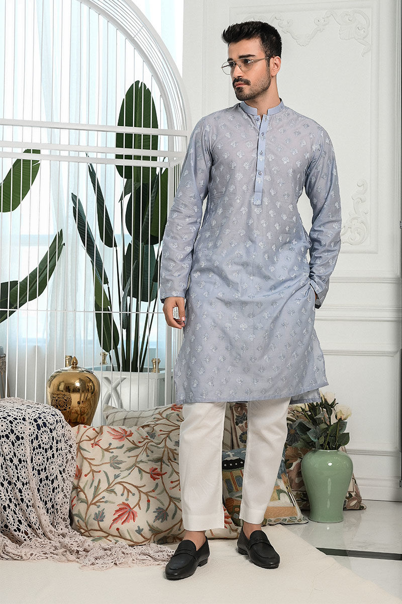 Periwinkle Schiffli Cotton Embroidered Kurta (2-Piece) - Image 1