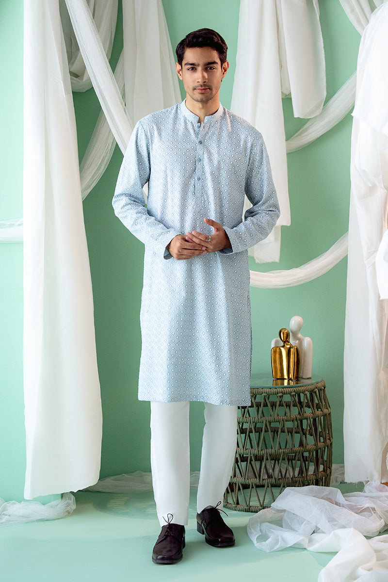 Light Blue Schiffli Cotton Kurta Set (2-Piece) - Image 1
