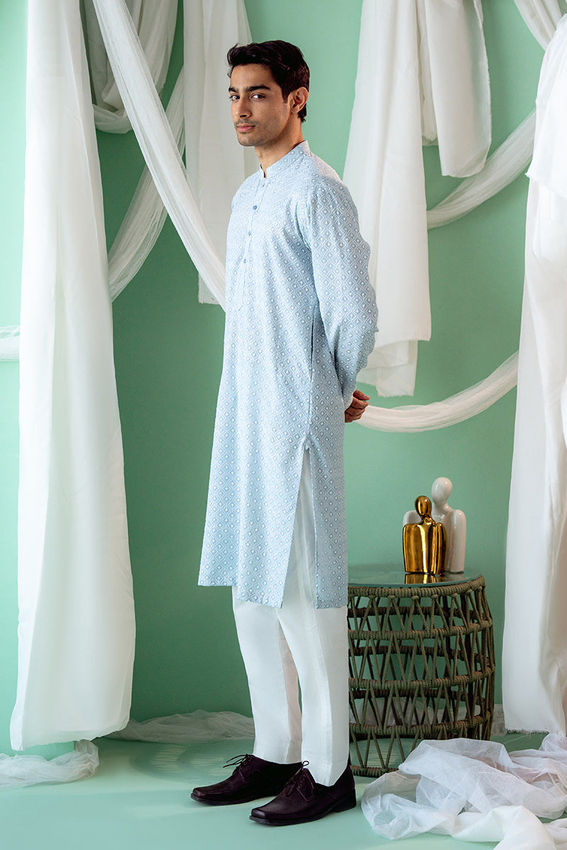 Light Blue Schiffli Cotton Kurta Set (2-Piece) - Image 5