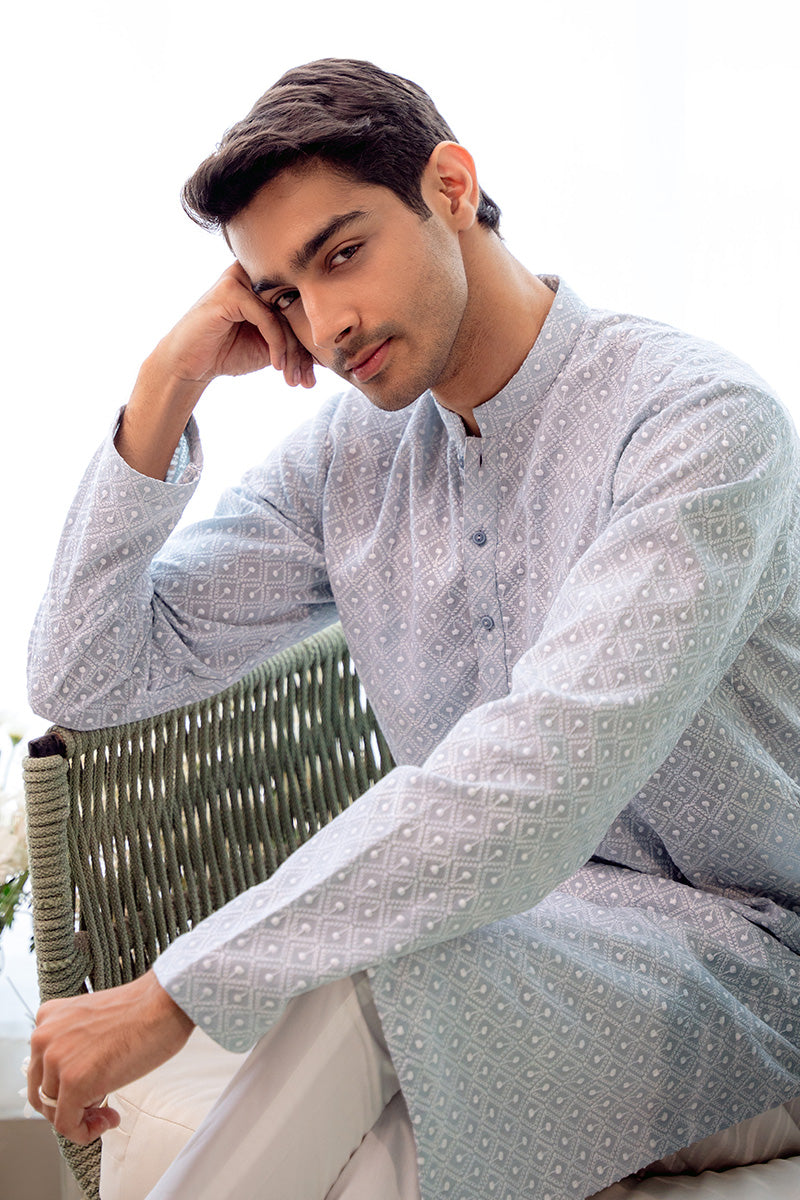 Light Blue Schiffli Cotton Kurta Set (2-Piece) - Image 6