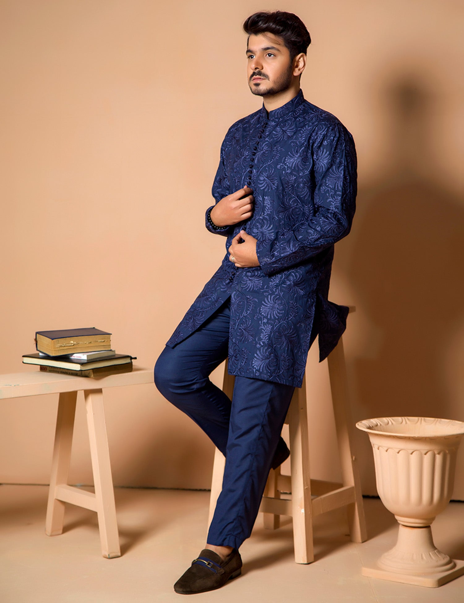 Dark Blue Embroidered Wash & Wear Kurta (2-Piece) - Image 1
