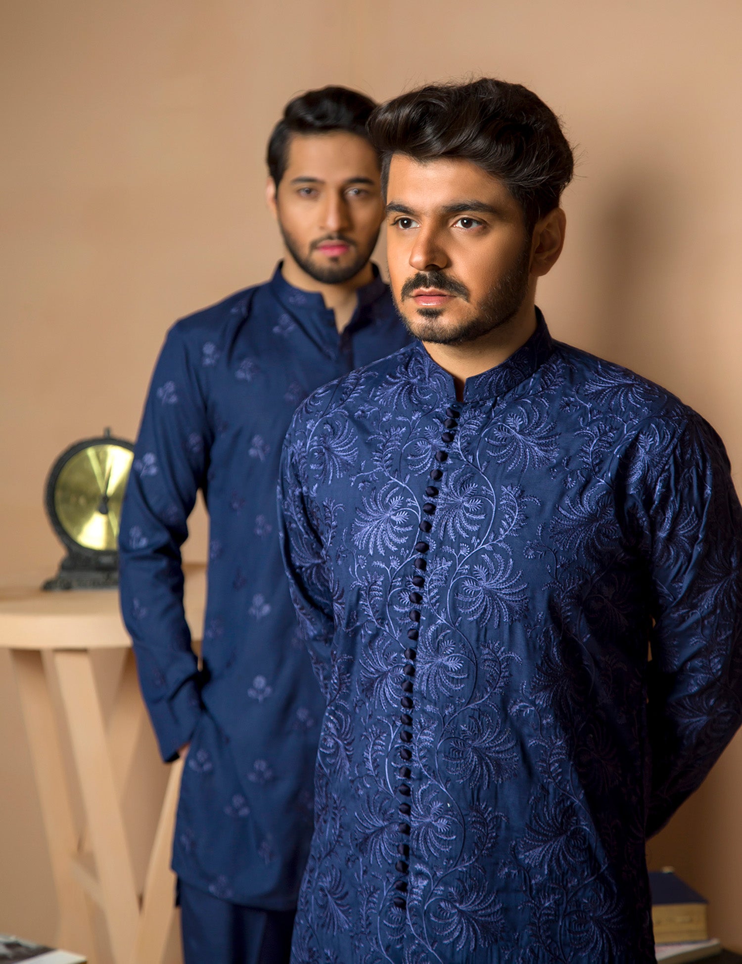 Dark Blue Embroidered Wash & Wear Kurta (2-Piece) - Image 3