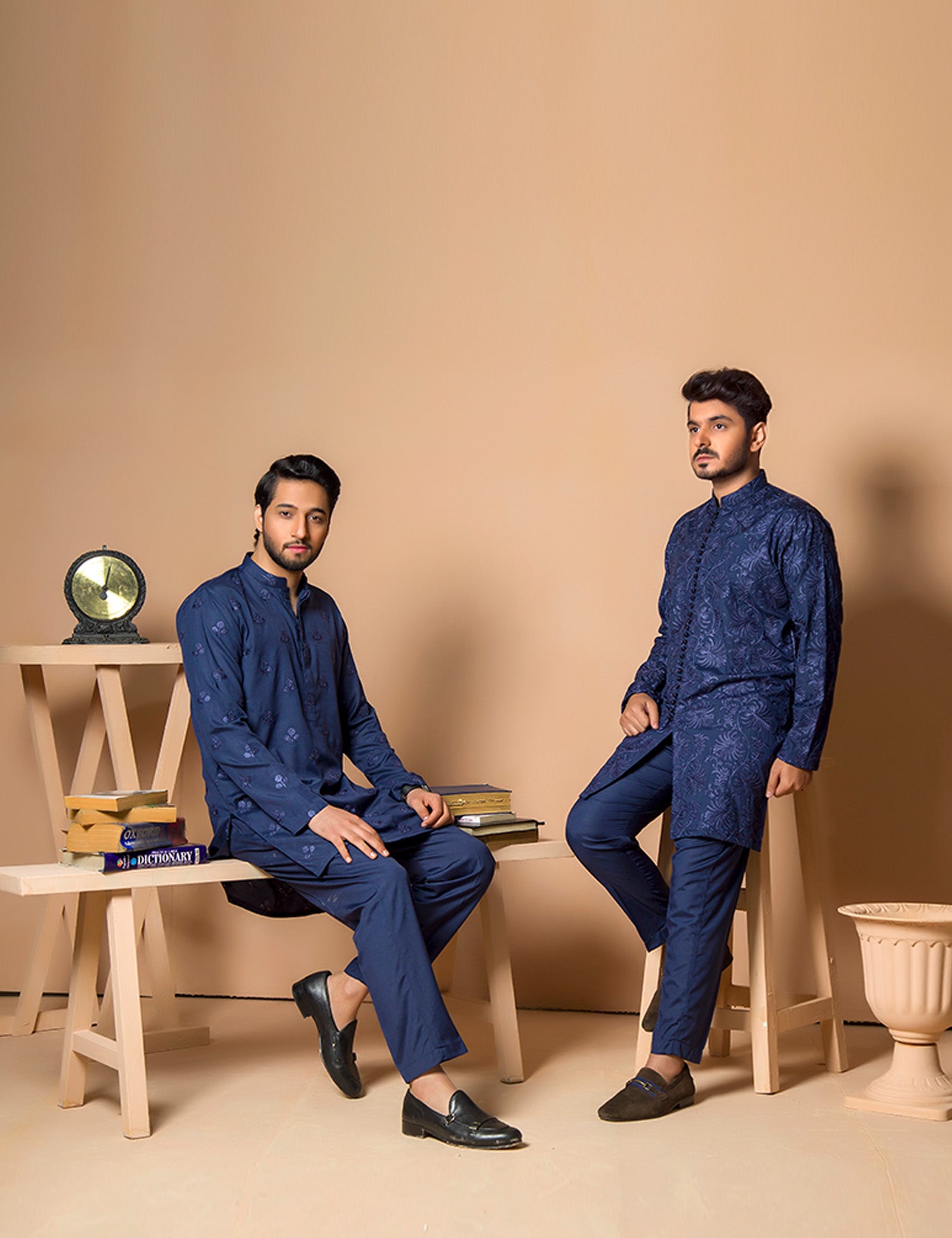 Dark Blue Embroidered Wash & Wear Kurta (2-Piece) - Image 4