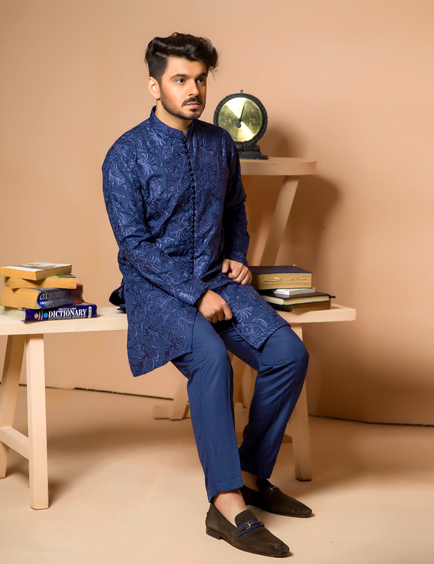 Dark Blue Embroidered Wash & Wear Kurta (2-Piece) - Image 5