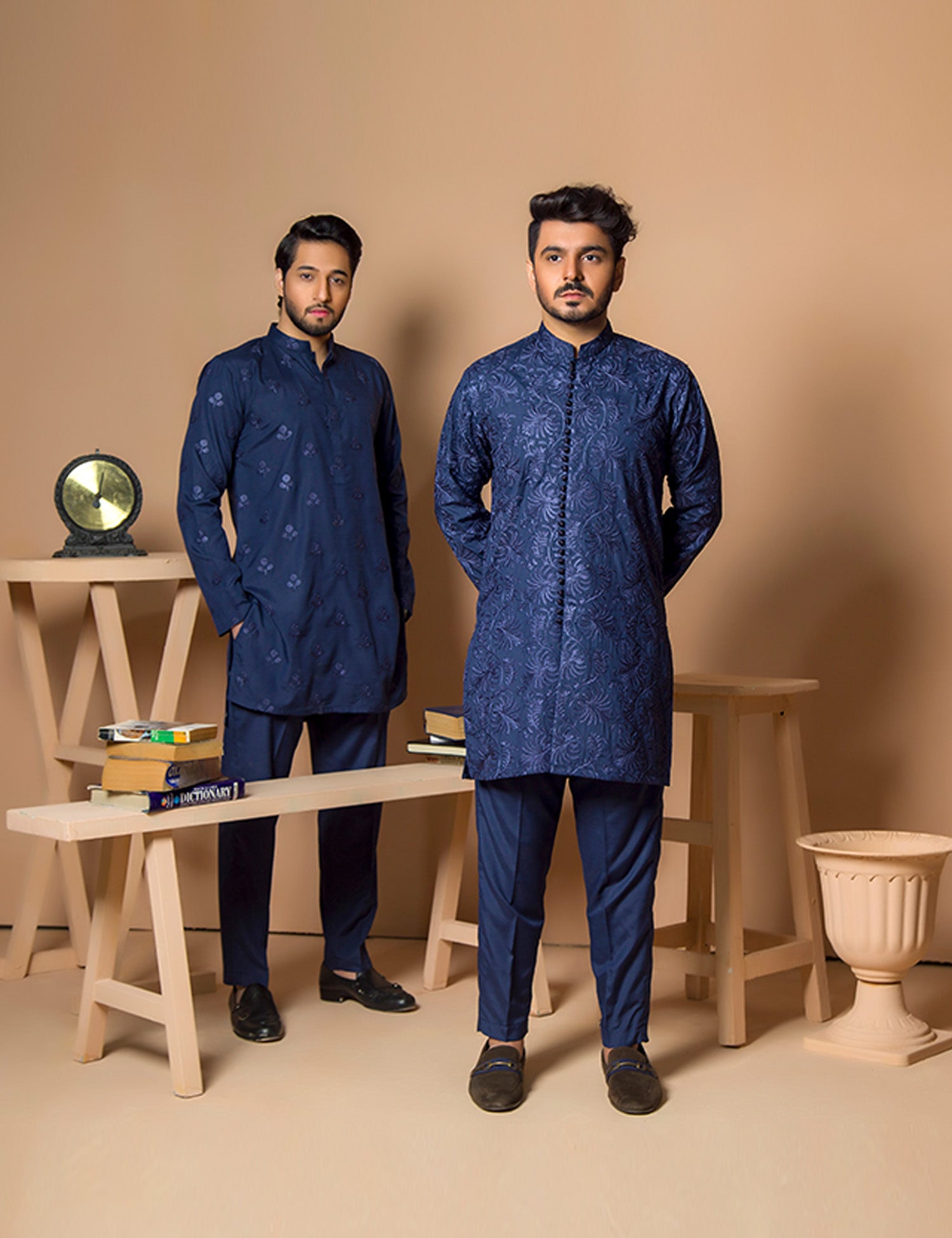 Dark Blue Embroidered Wash & Wear Kurta (2-Piece) - Image 2