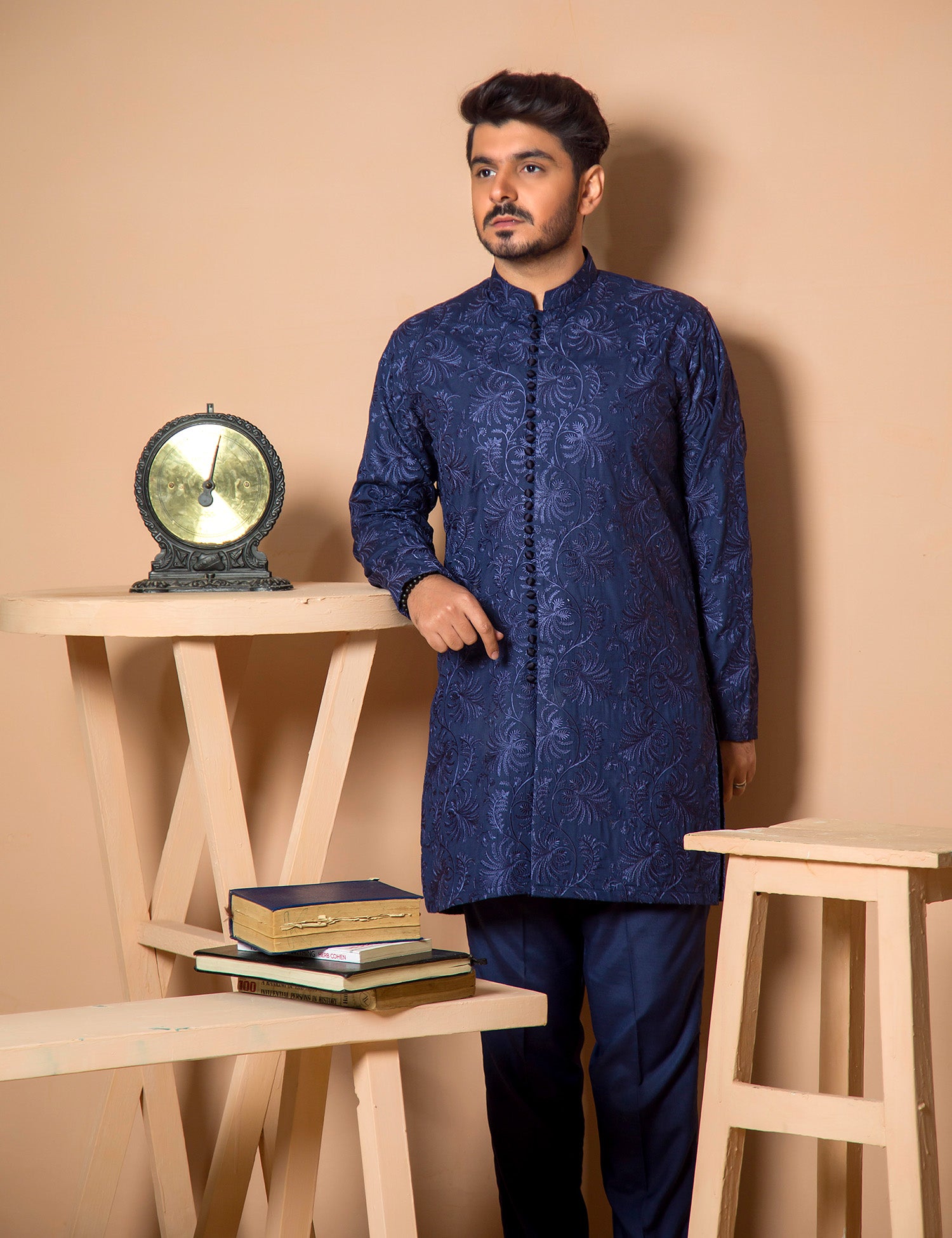 Dark Blue Embroidered Wash & Wear Kurta (2-Piece) - Image 6